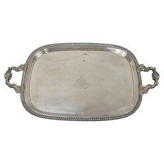 English Regency Silver Plated Twin Handle Platter Tray with Crest and Shield