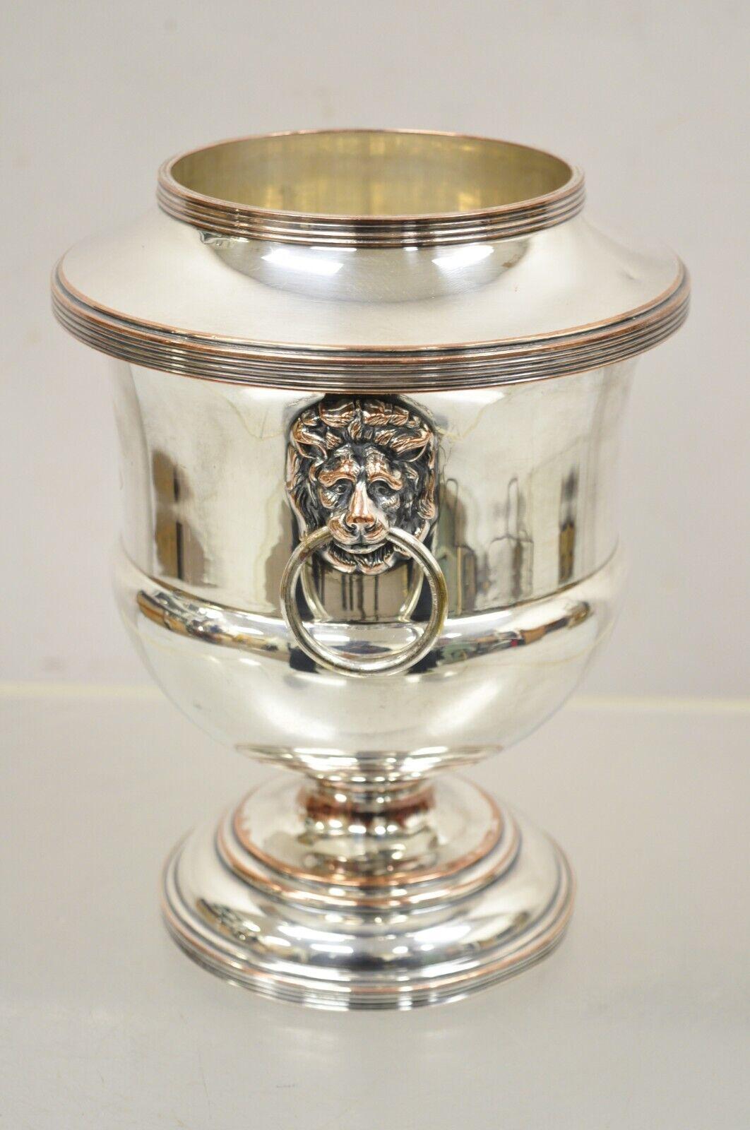 Antique English Regency Silver Plated Wine Chiller Ice Bucket With Lion Head Handles. Item features is engraved 
