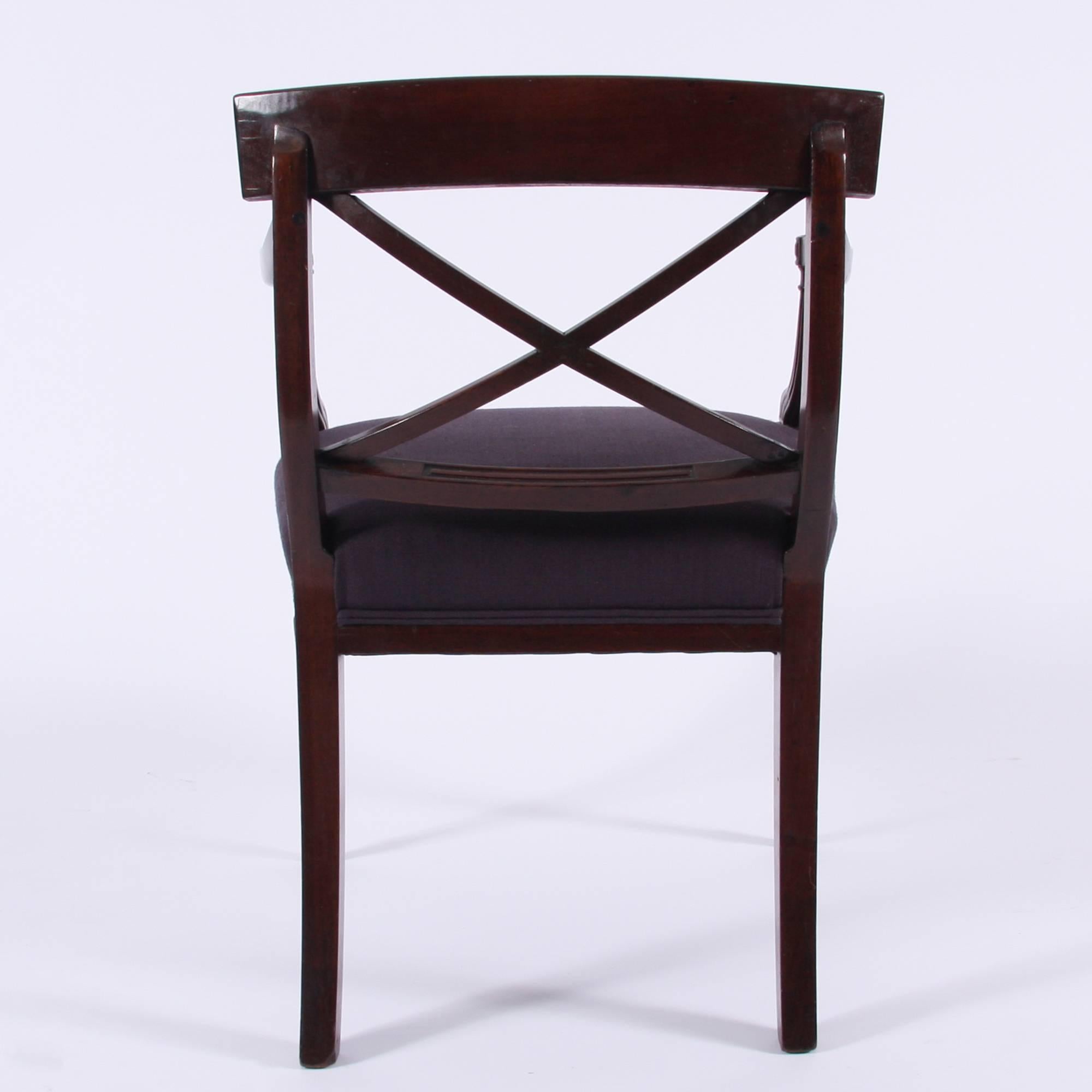 Carved English Regency Single Reeded Mahogany Chair with Purple Fabric Seat
