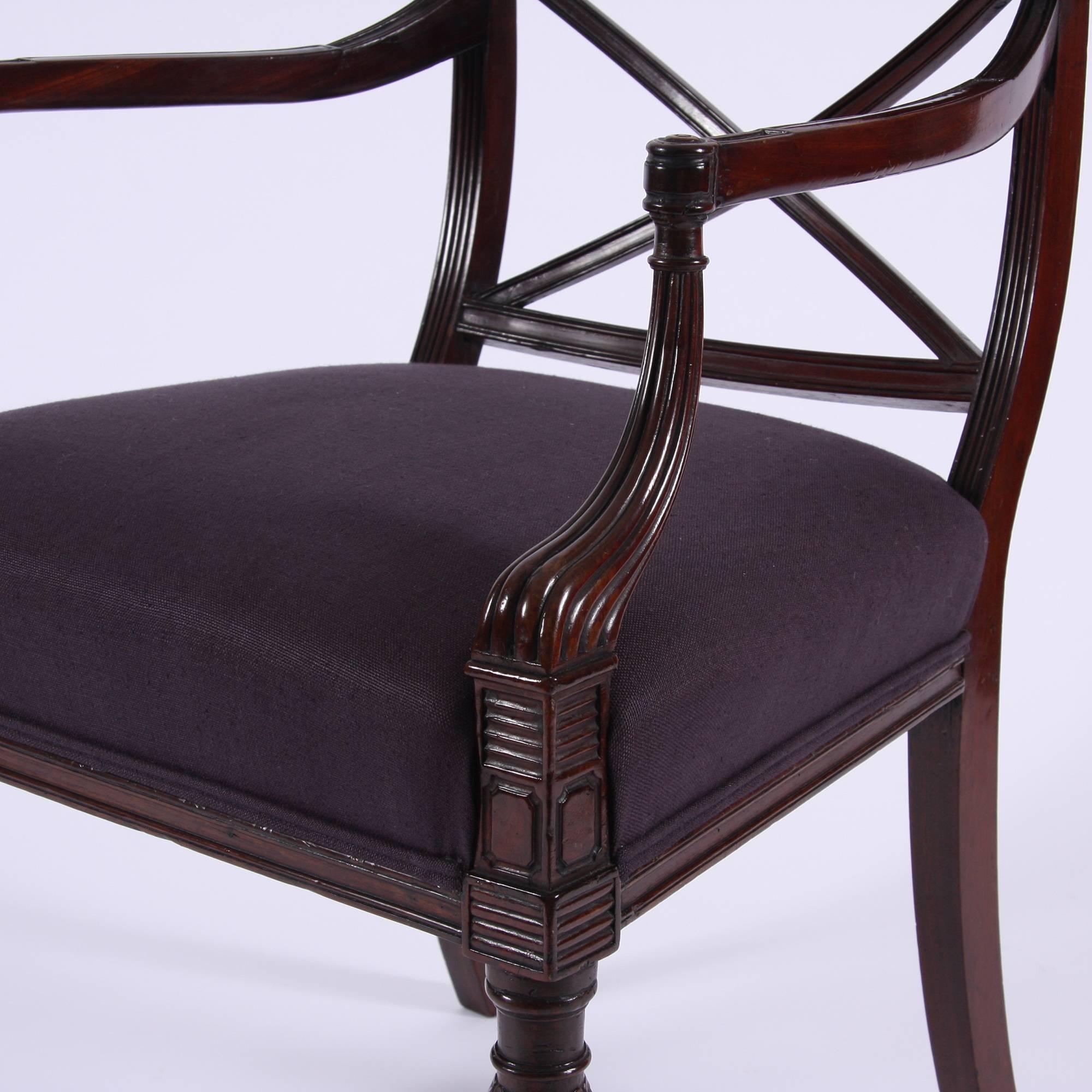 English Regency Single Reeded Mahogany Chair with Purple Fabric Seat In Excellent Condition In London, GB