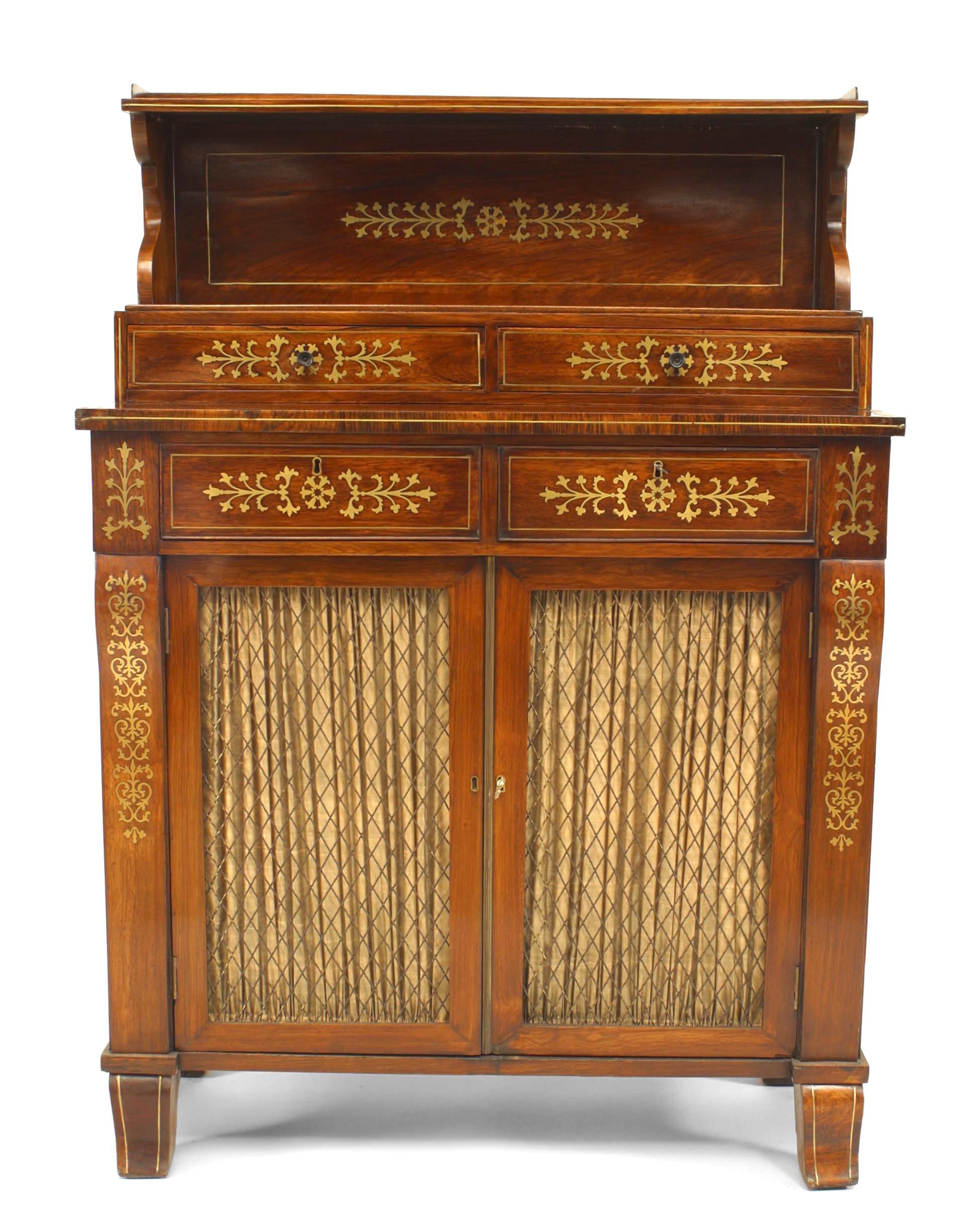 English Regency mahogany and brass inlaid 2 drawer small sideboard cabinet with 2 grill doors and upper section.
