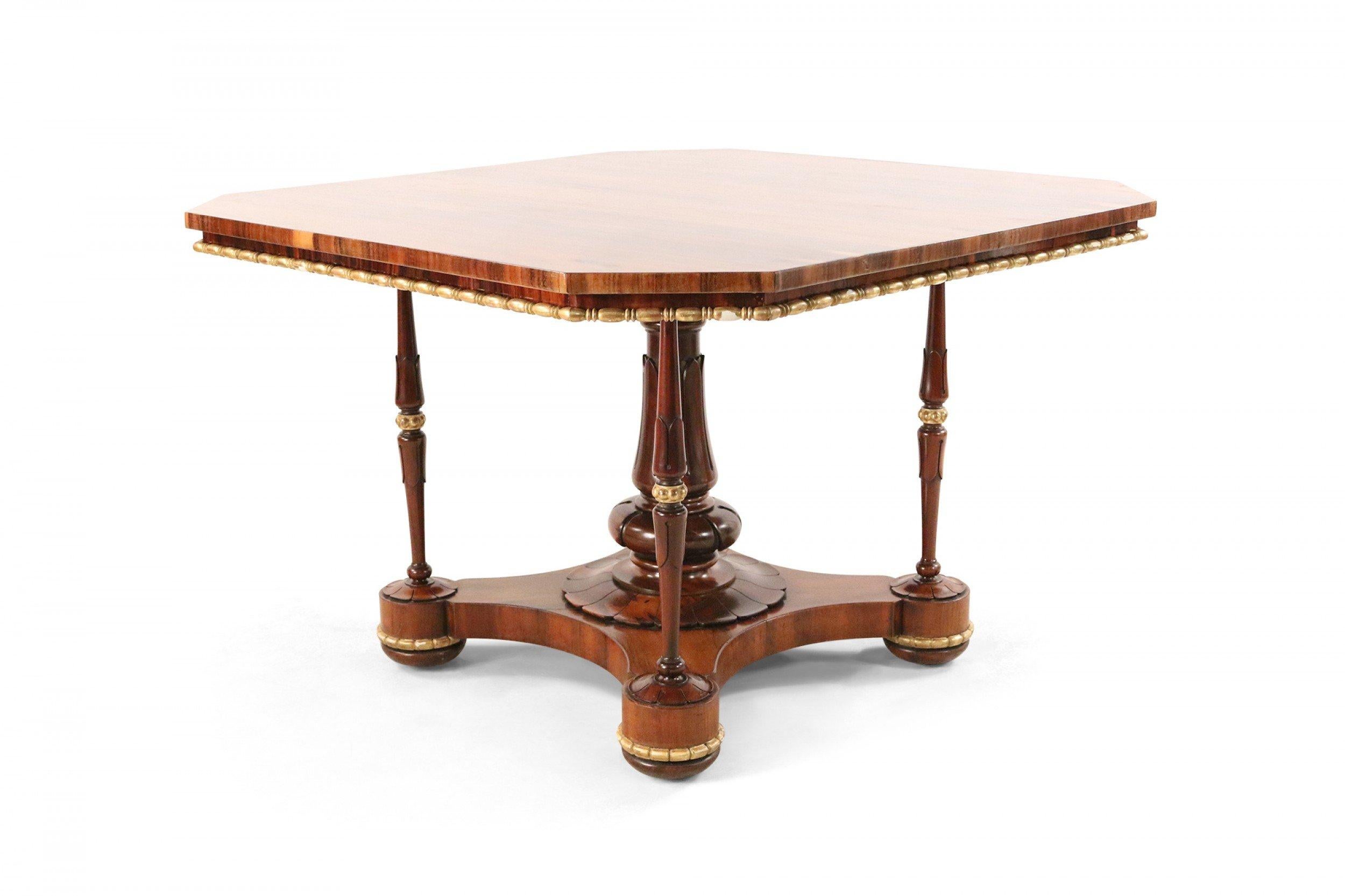 English Regency Square Canted Corner Walnut and Brass Trim Center Table For Sale 1