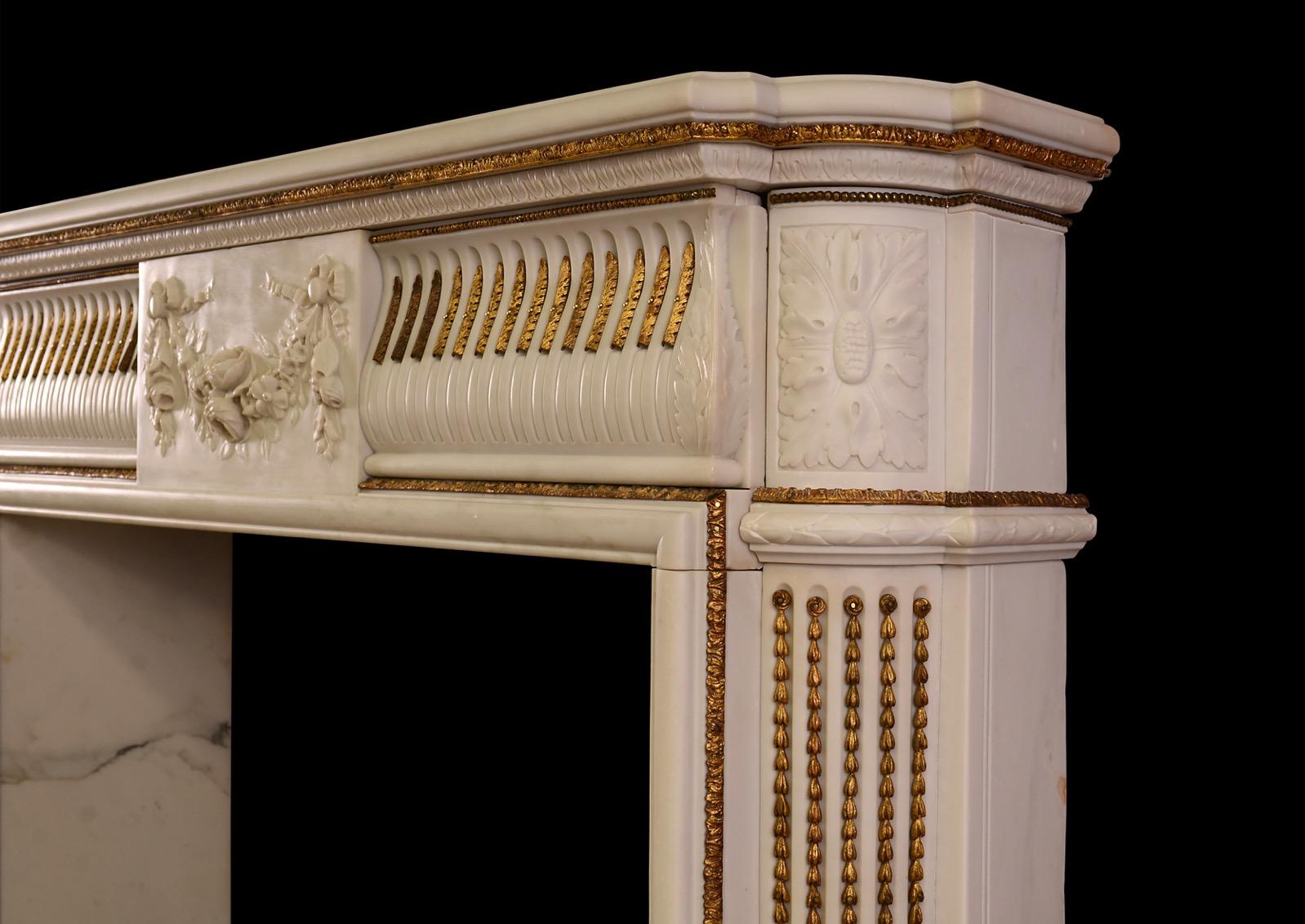 Early 19th Century English Regency Statuary Marble Fireplace with Inlaid Brass Ormolu For Sale