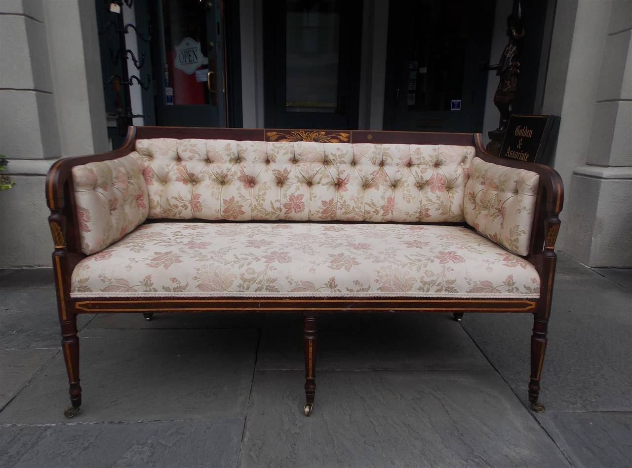 Hand-Woven English Regency Stenciled and Gilt Tufted Upholstered Settee, Circa 1780 For Sale