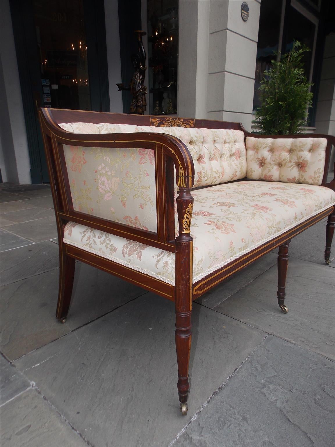 Late 18th Century English Regency Stenciled and Gilt Tufted Upholstered Settee, Circa 1780 For Sale