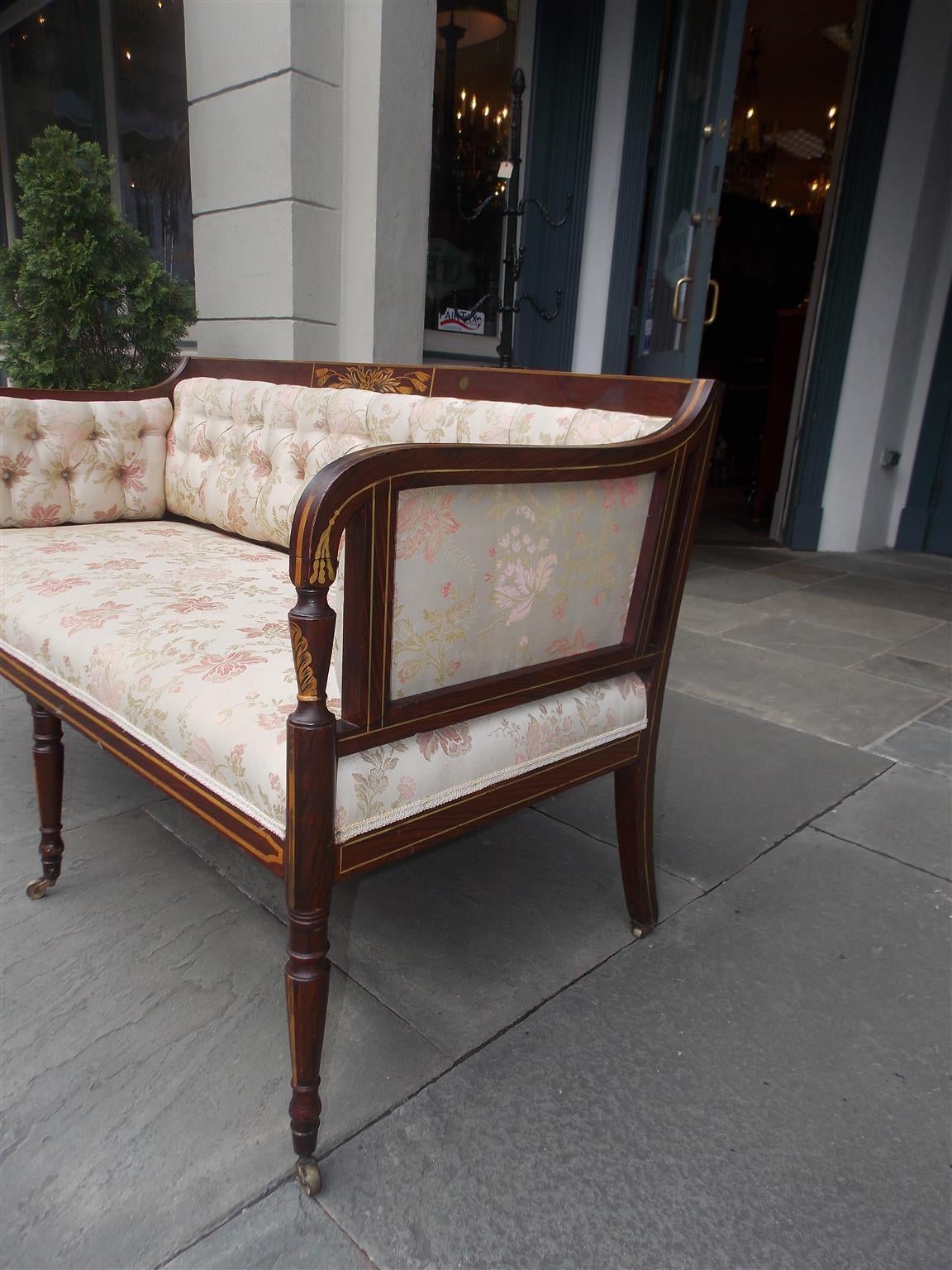 Giltwood English Regency Stenciled and Gilt Tufted Upholstered Settee, Circa 1780 For Sale