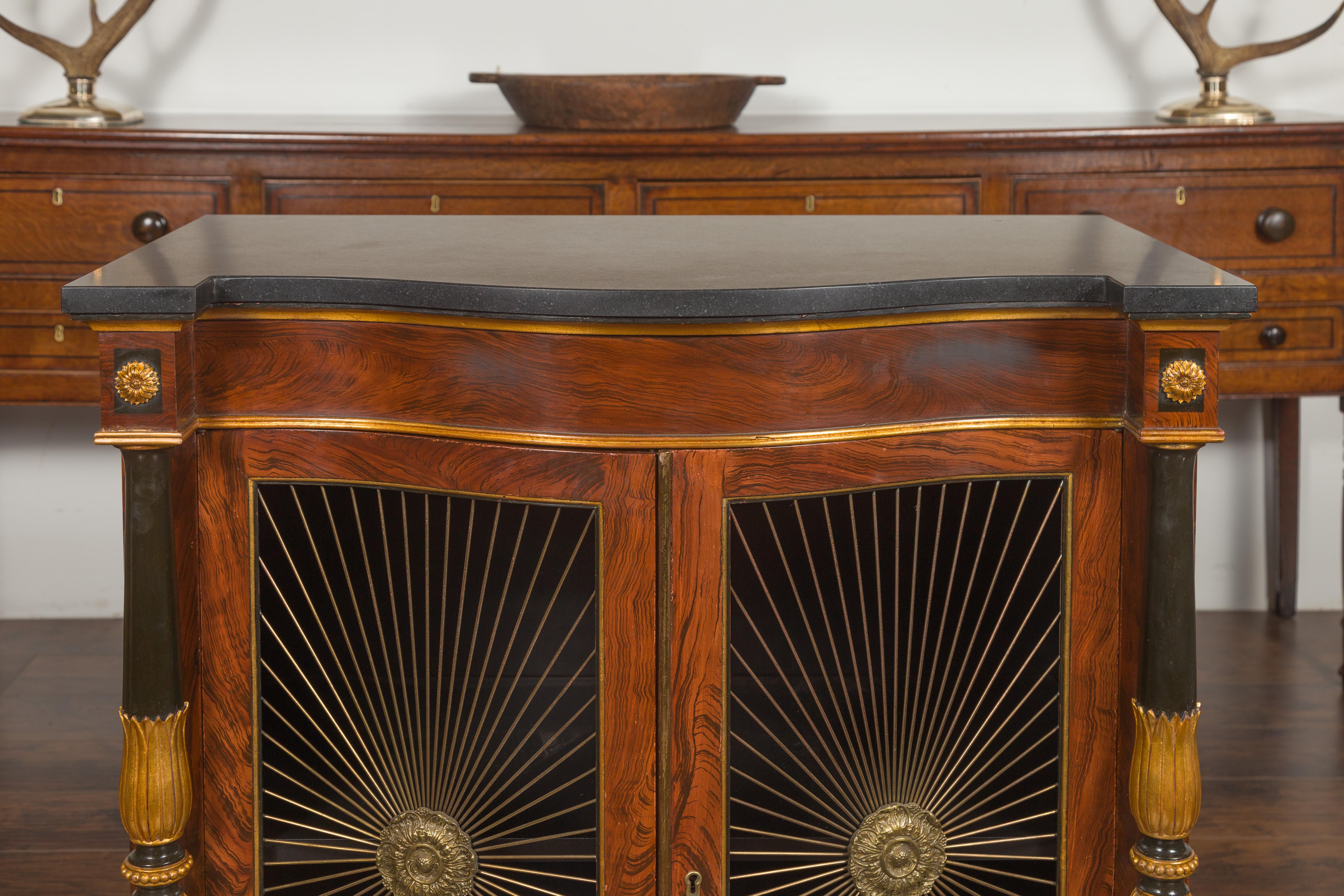 English Regency Style 1920s Faux Rosewood Painted Cabinet with Gilt Accents In Good Condition For Sale In Atlanta, GA