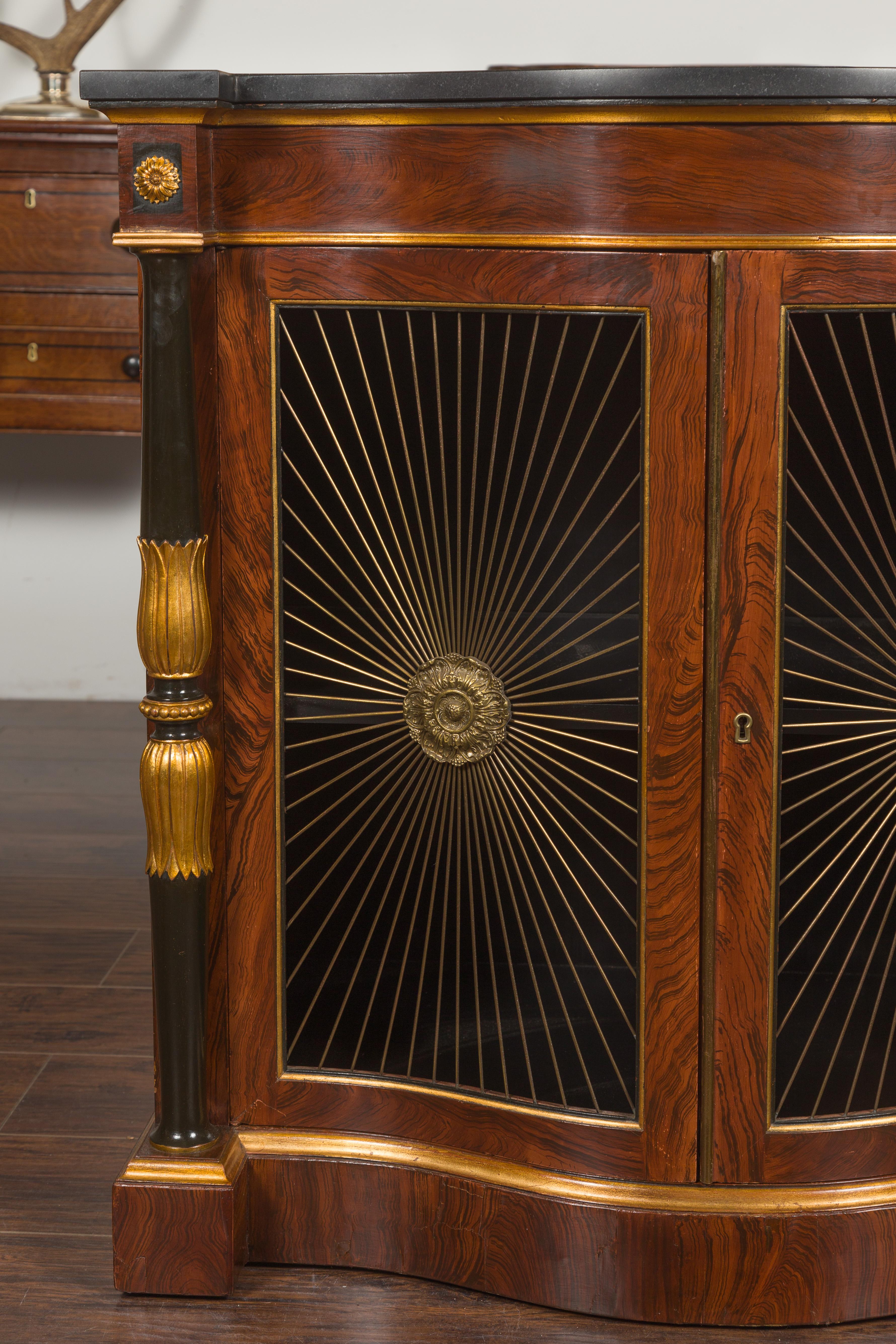 20th Century English Regency Style 1920s Faux Rosewood Painted Cabinet with Gilt Accents For Sale