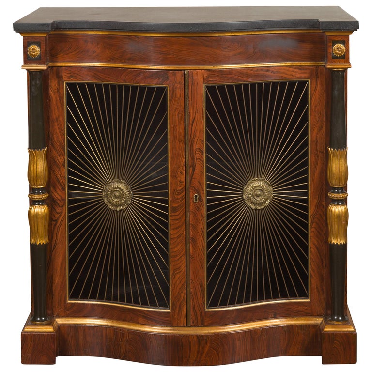 English Regency Style 1920s Faux Rosewood Painted Cabinet with Gilt Accents For Sale