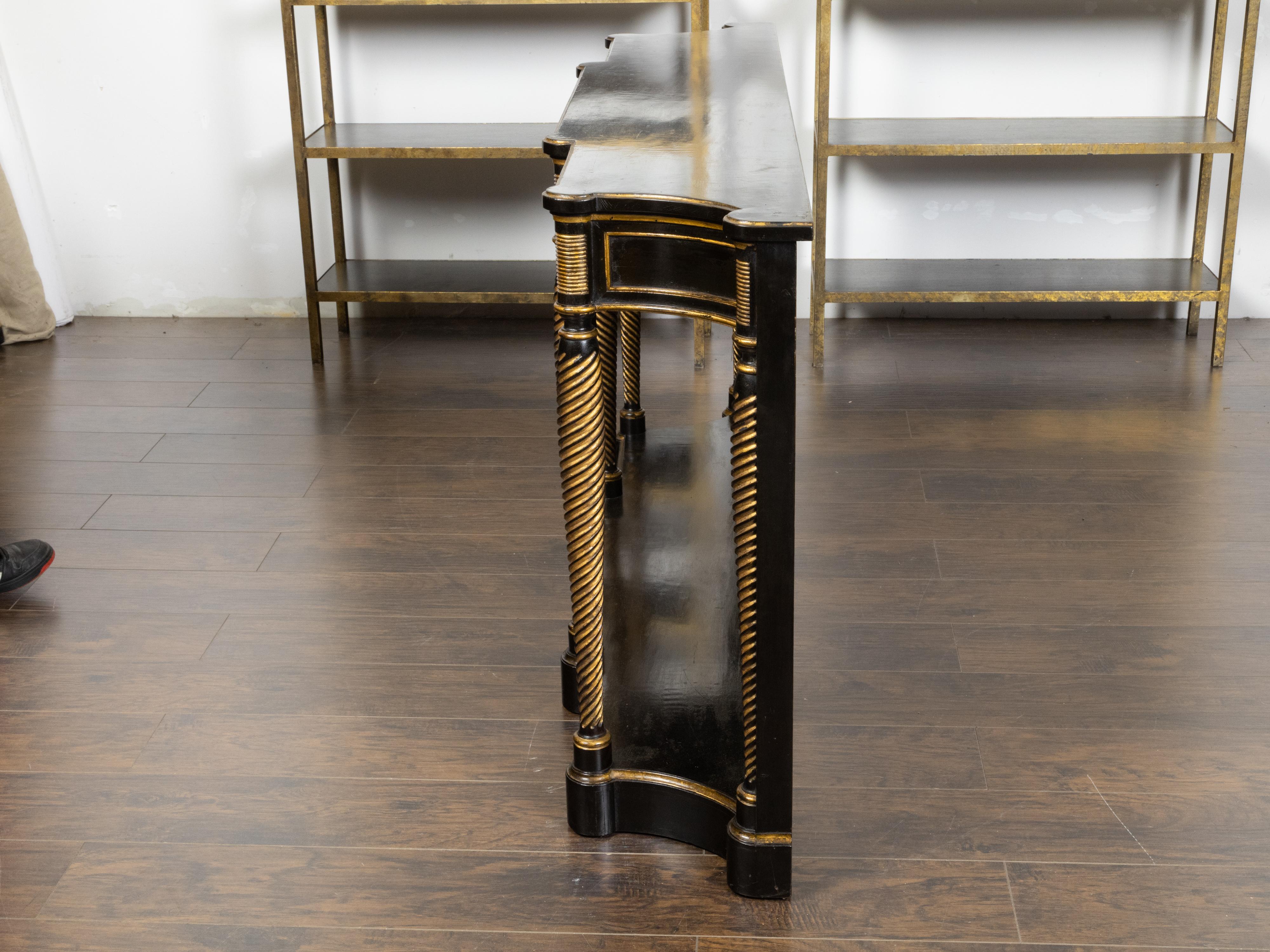 20th Century English Regency Style 1920s Gold and Black Ebonized Console Table with Mirror For Sale