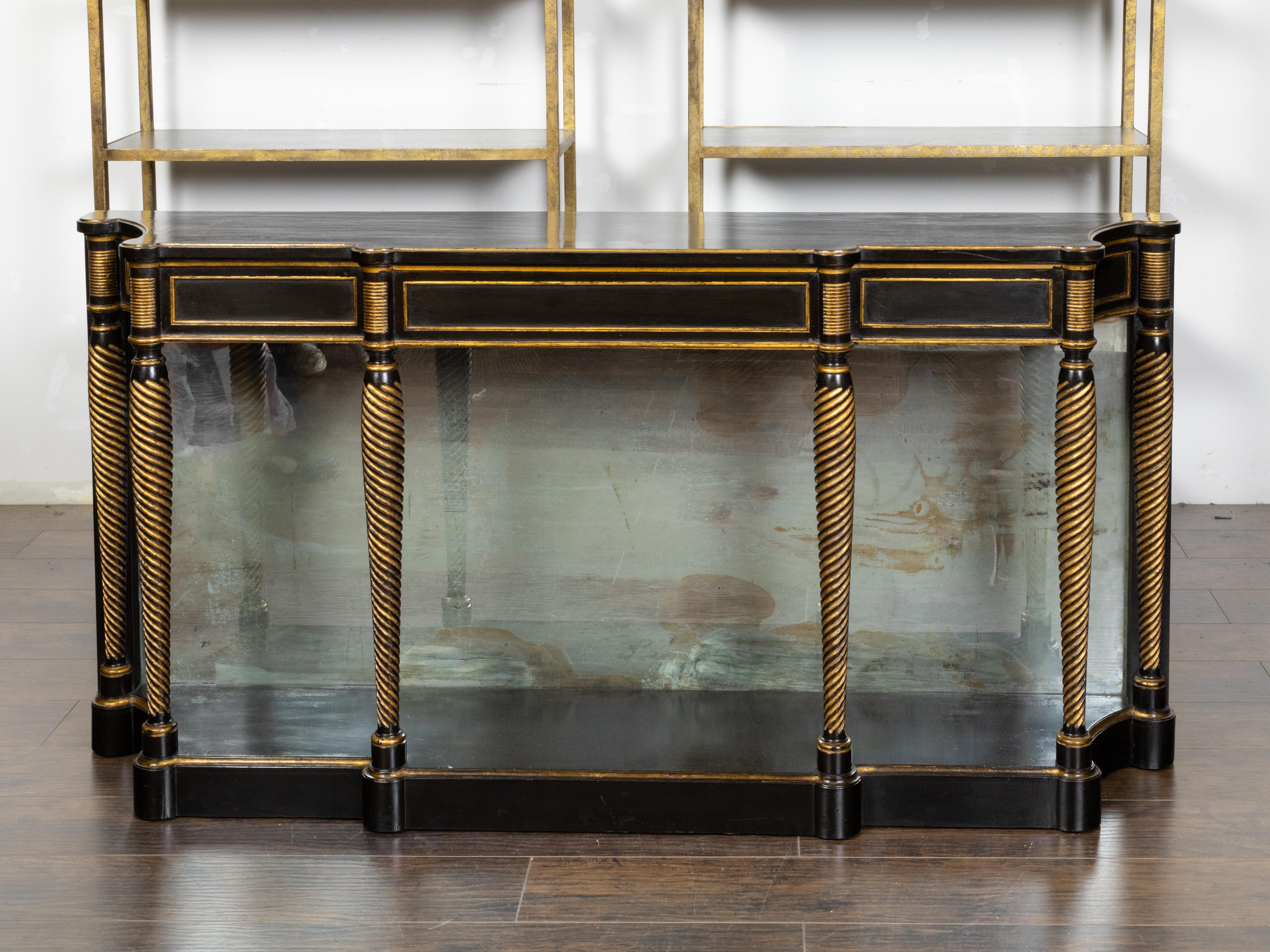 Ébénisé Table console de style Régence anglaise des années 1920 en or et noir ébénisé avec miroir en vente