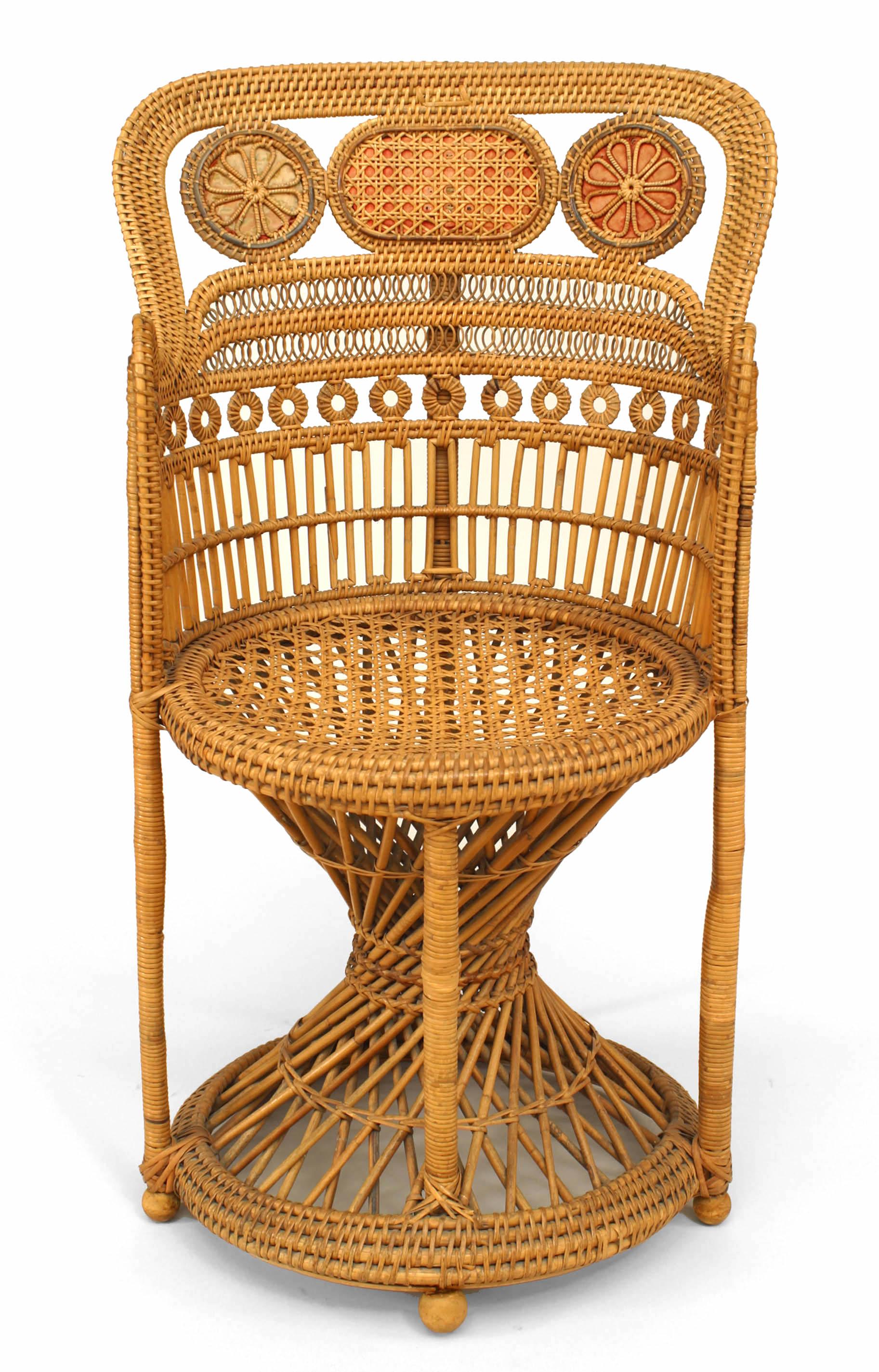 English Regency style (19th Cent) Brighton design natural wicker round back arm chair with hour glass base.
