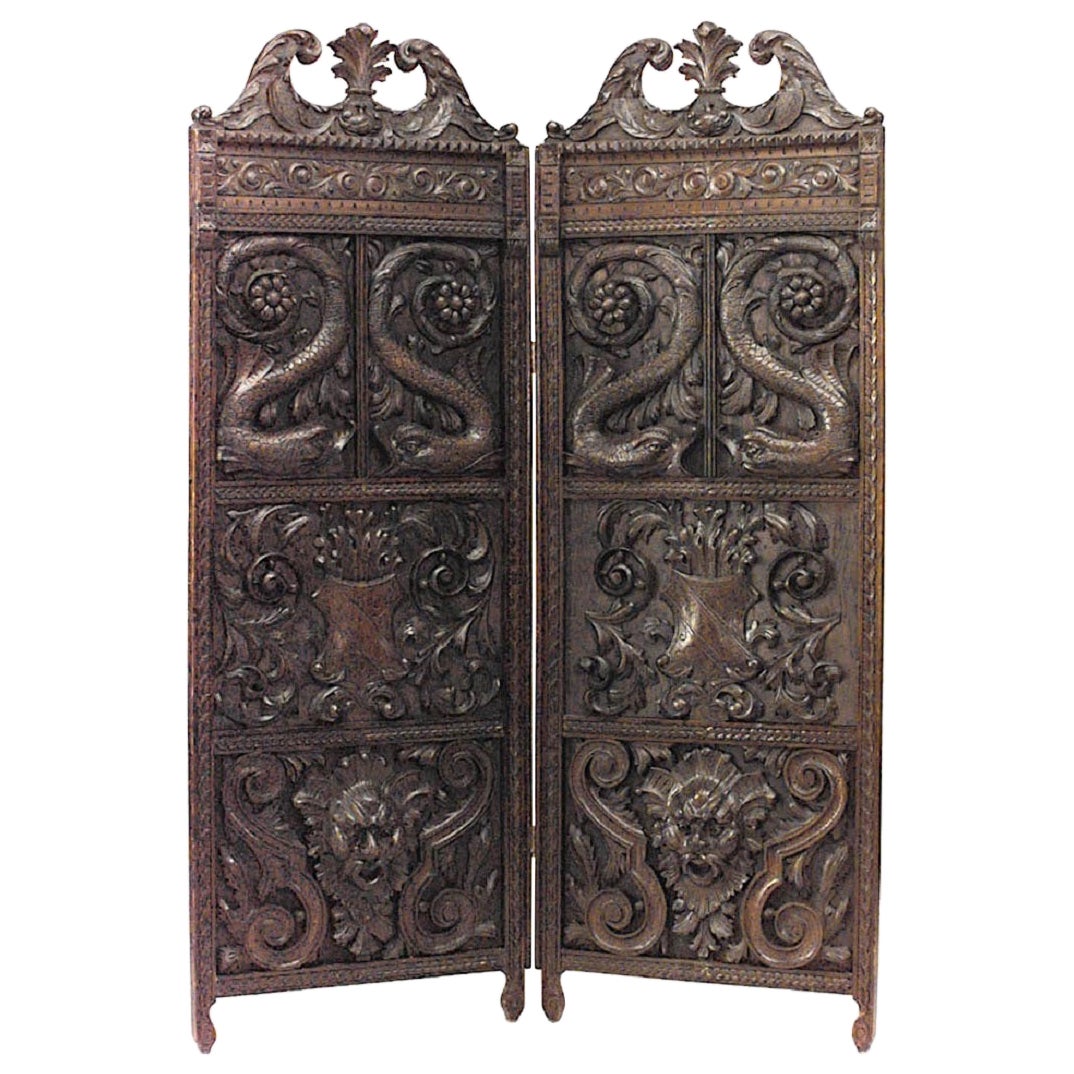 English Regency Style 19th Century Carved Oak 2-Fold Screen
