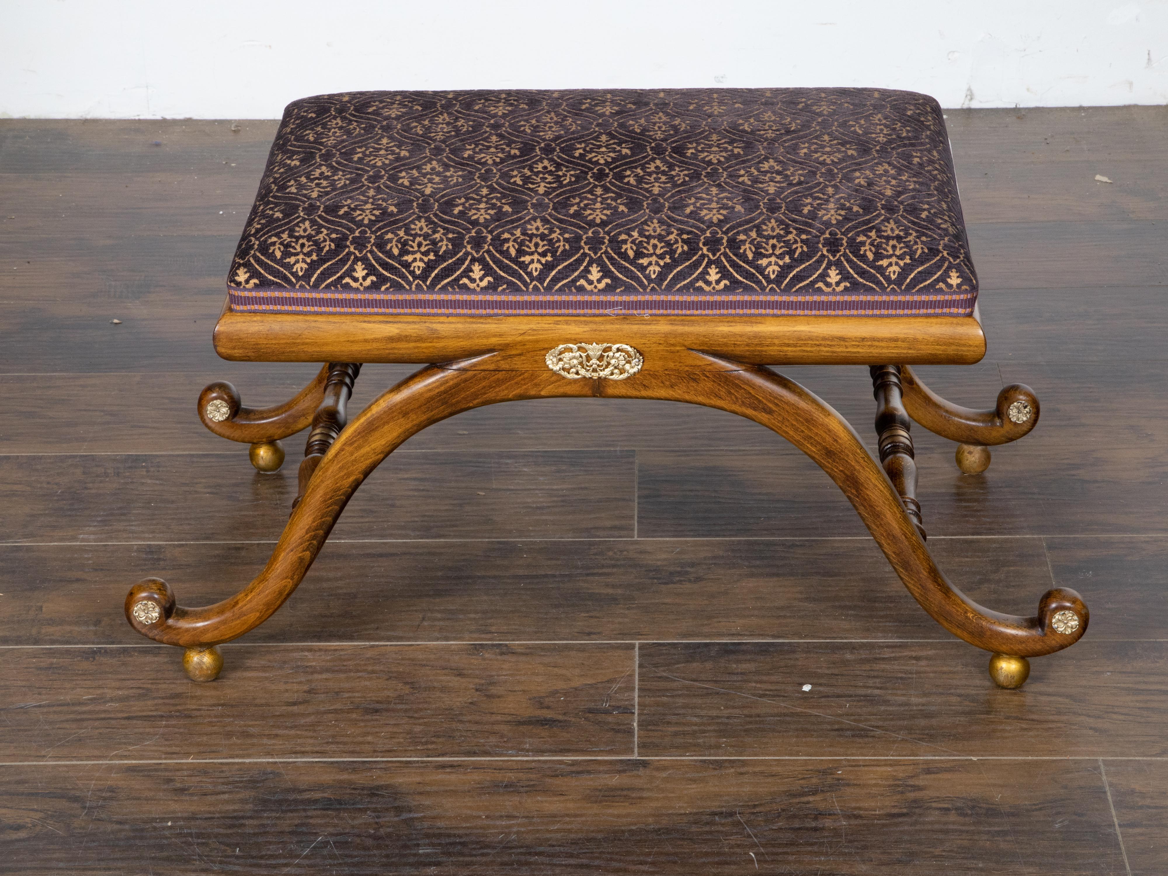 Brass English Regency Style 19th Century Mahogany Stool Curving Legs and Gilt Accents For Sale