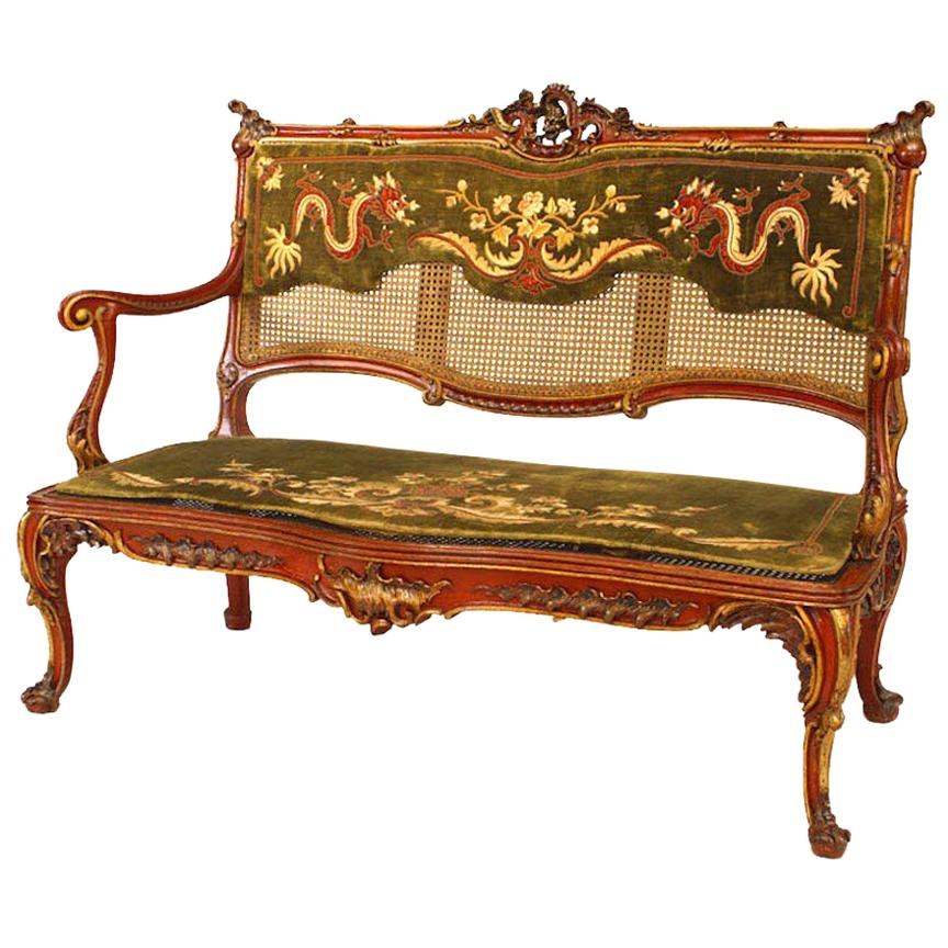 19th Century English Regency Red Lacquered Loveseat with Velvet Upholstery  For Sale