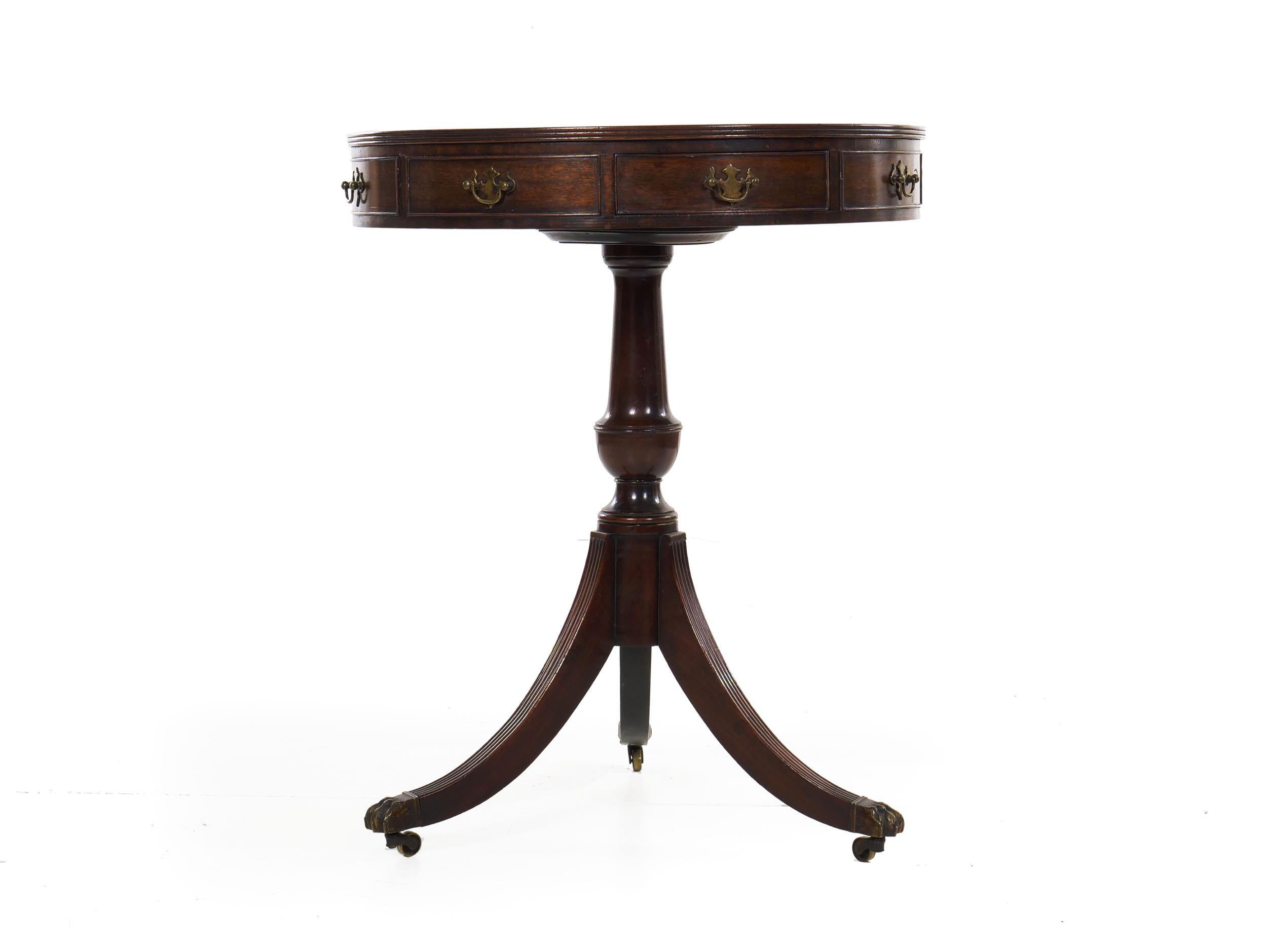 English Regency Style Antique Mahogany and Leather Drum-Top Accent Table In Good Condition In Shippensburg, PA