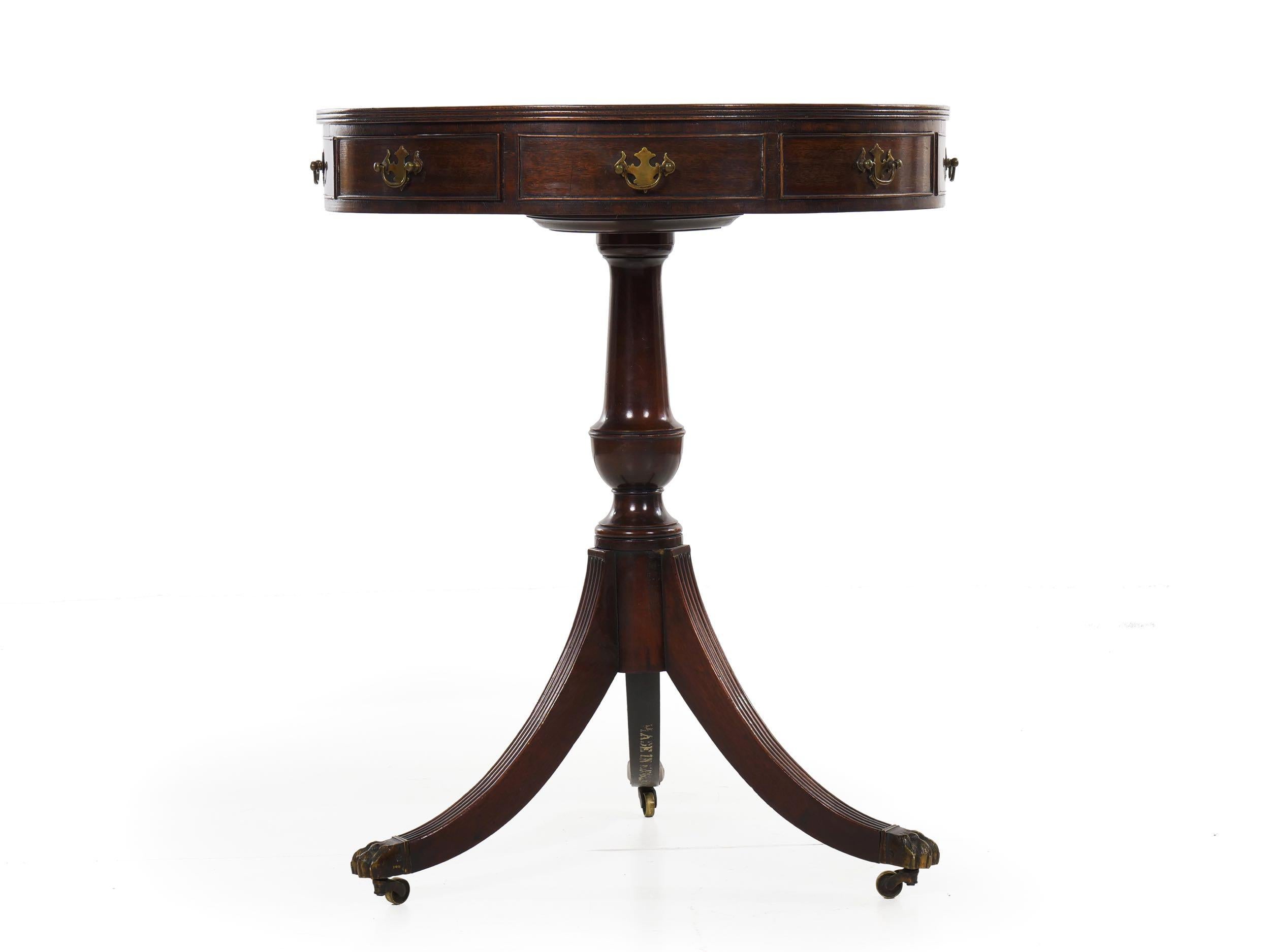 20th Century English Regency Style Antique Mahogany and Leather Drum-Top Accent Table