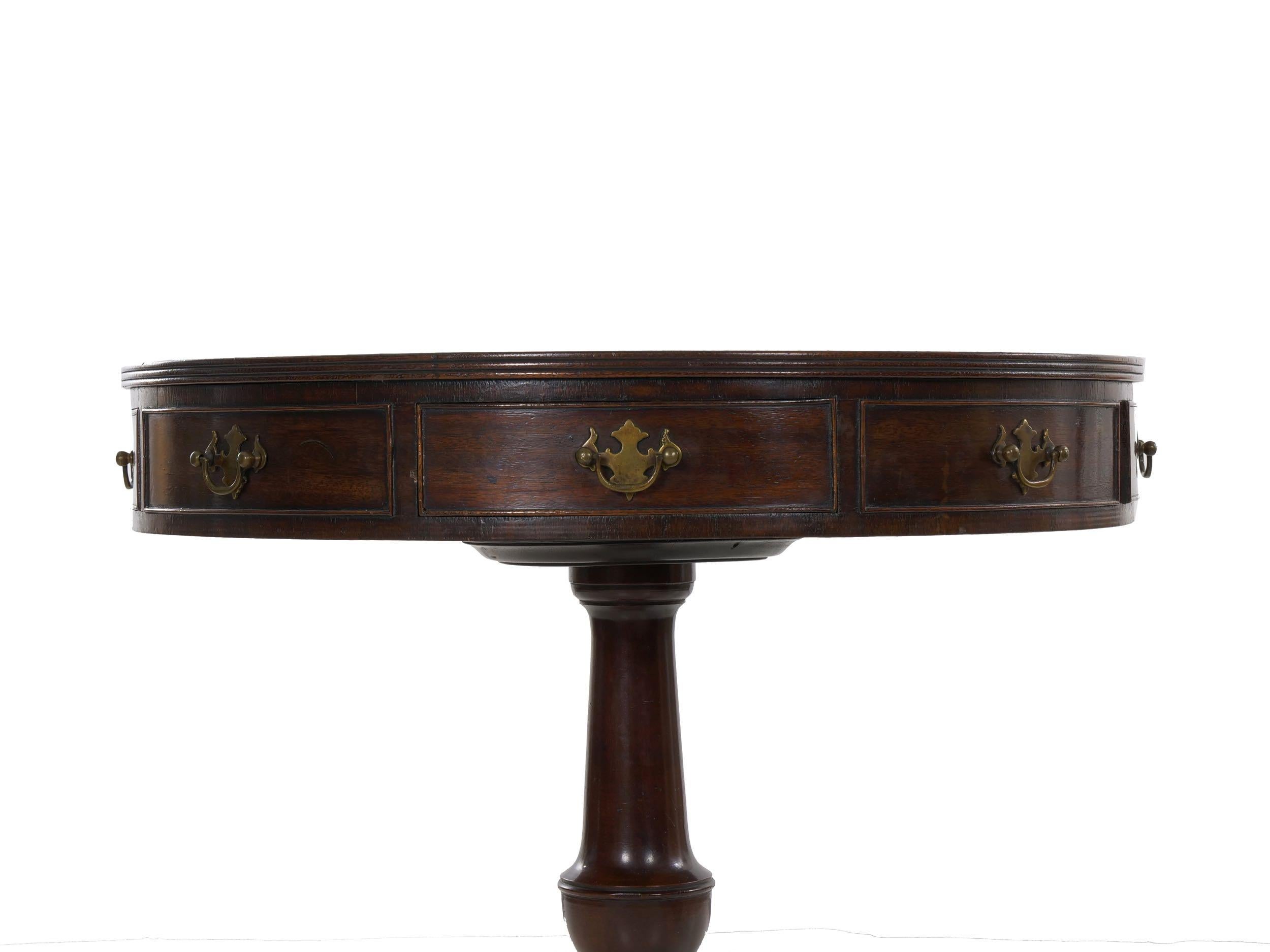 Brass English Regency Style Antique Mahogany and Leather Drum-Top Accent Table