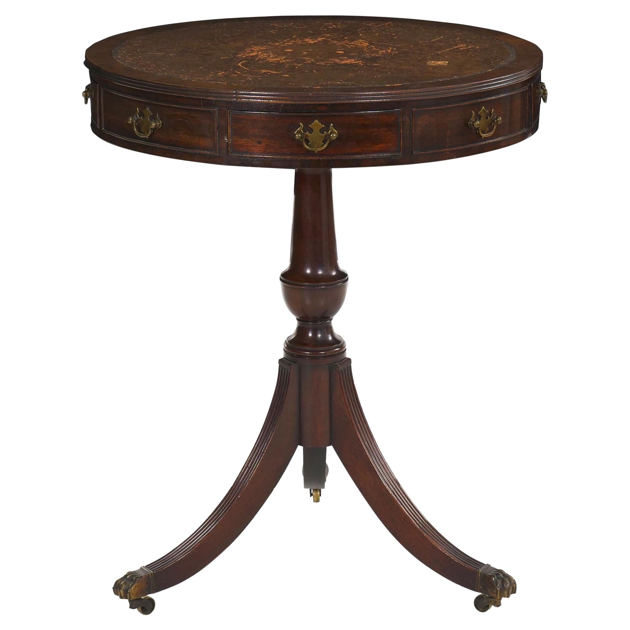 English Regency Style Antique Mahogany and Leather Drum-Top Accent Table