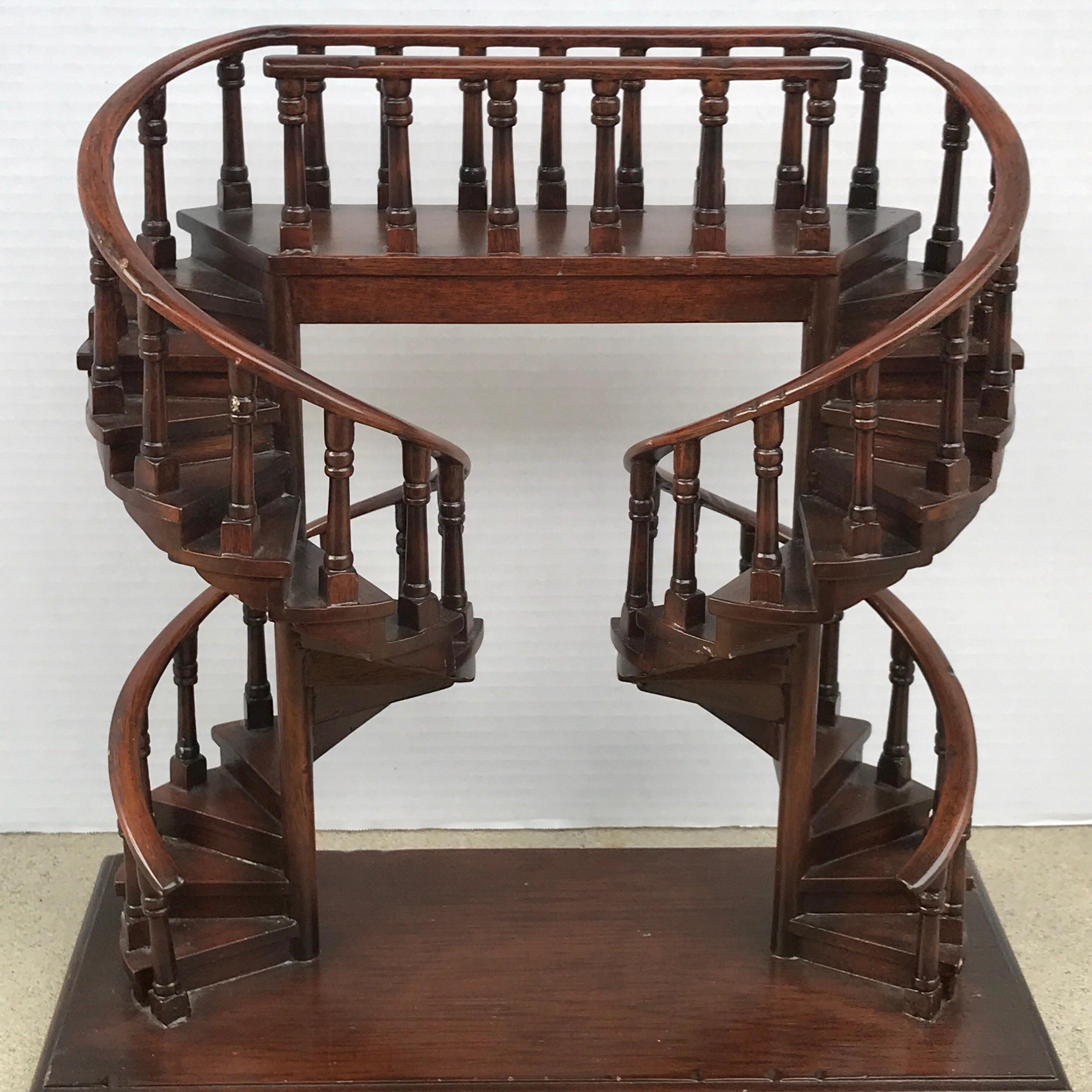 English Regency style architectural staircase model, an intricate example with upper balcony with turned baluster supports and two spiral staircases.