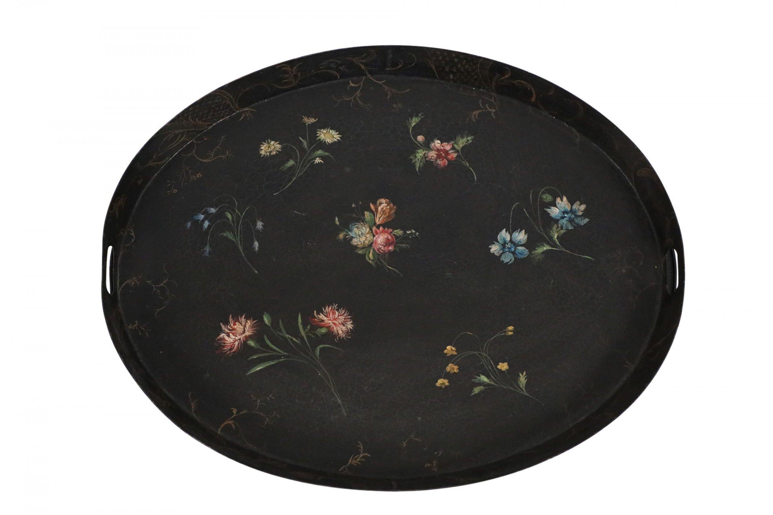 English Regency Style Black and Floral Tray Top Coffee Table For Sale 5