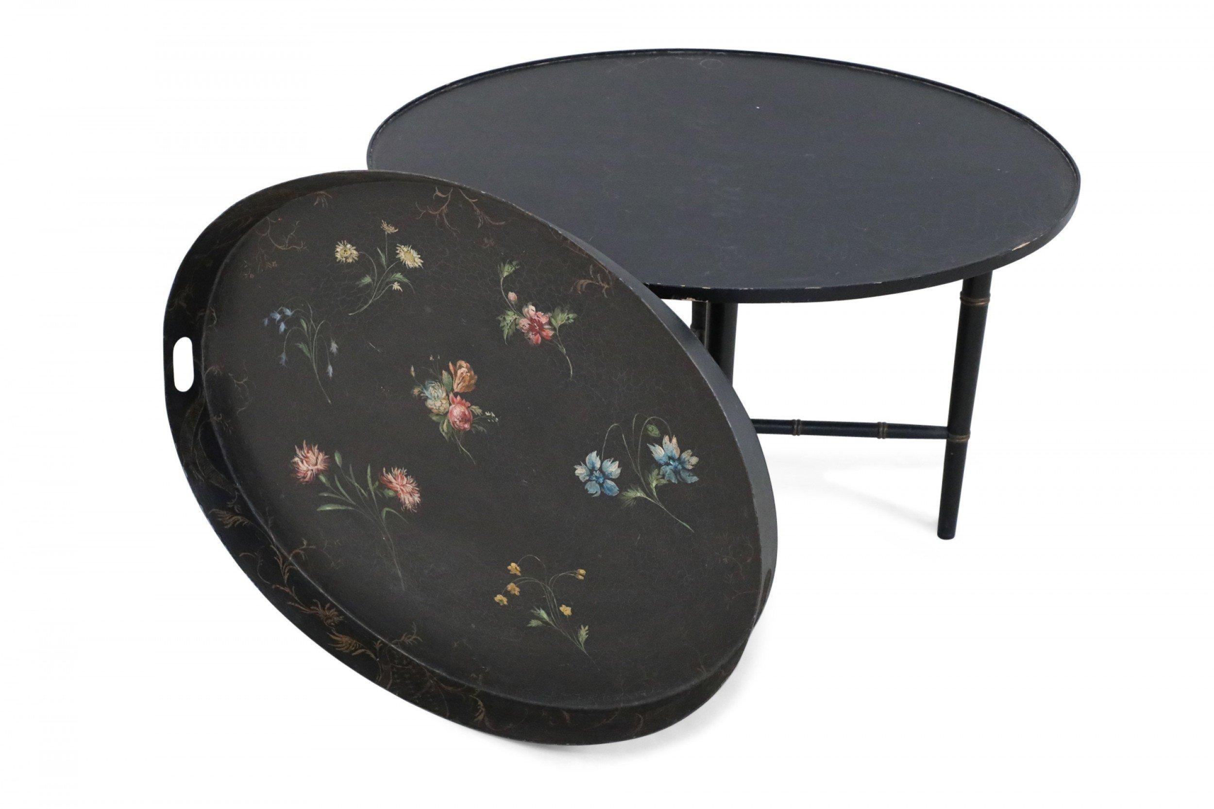 English Regency Style Black and Floral Tray Top Coffee Table For Sale 12