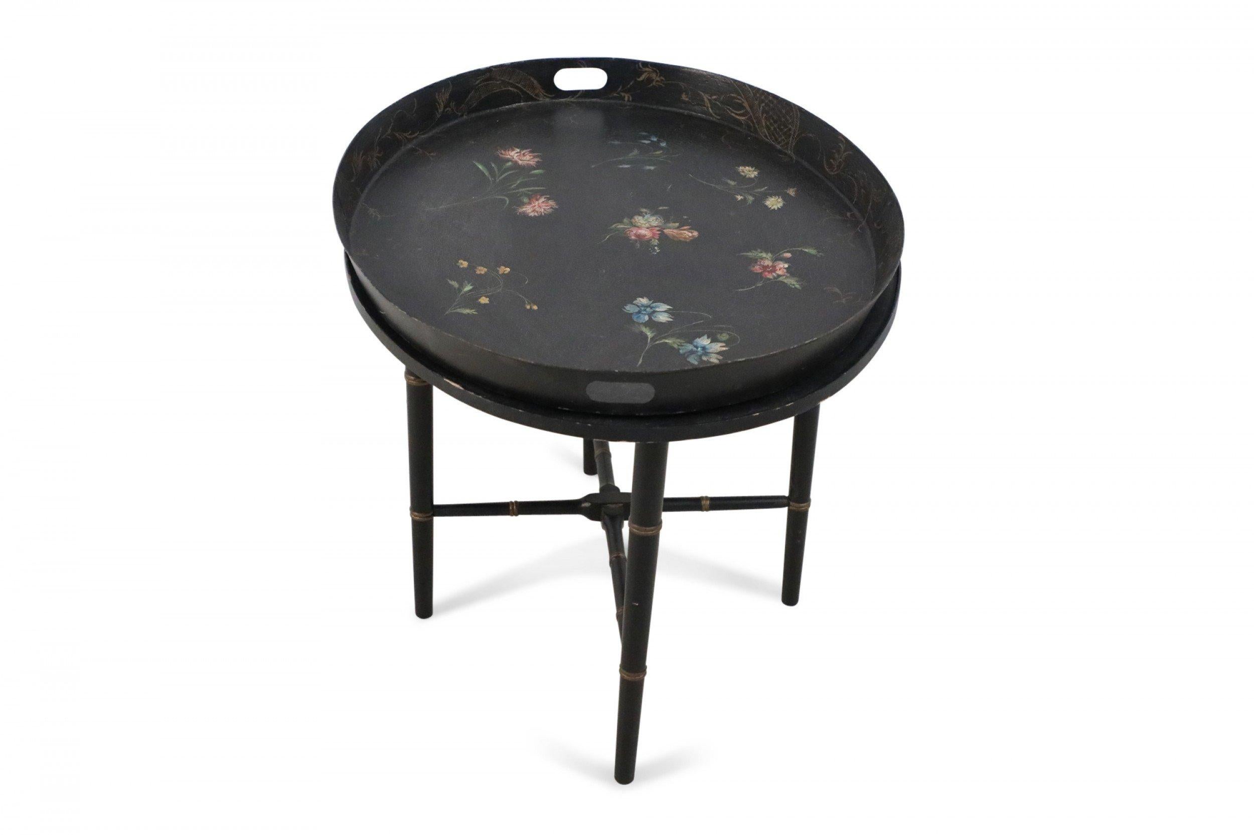 20th Century English Regency Style Black and Floral Tray Top Coffee Table For Sale