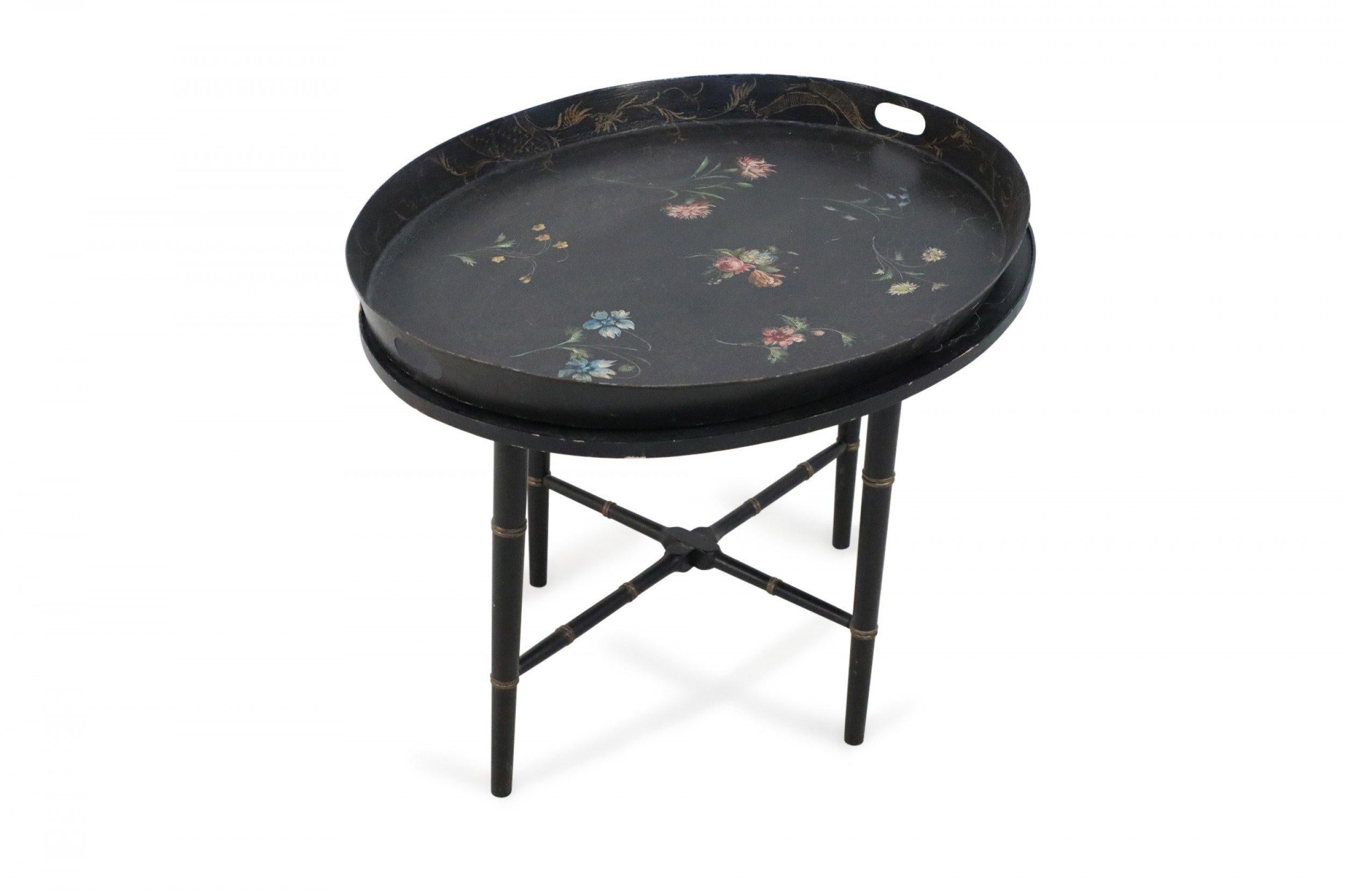 Metal English Regency Style Black and Floral Tray Top Coffee Table For Sale