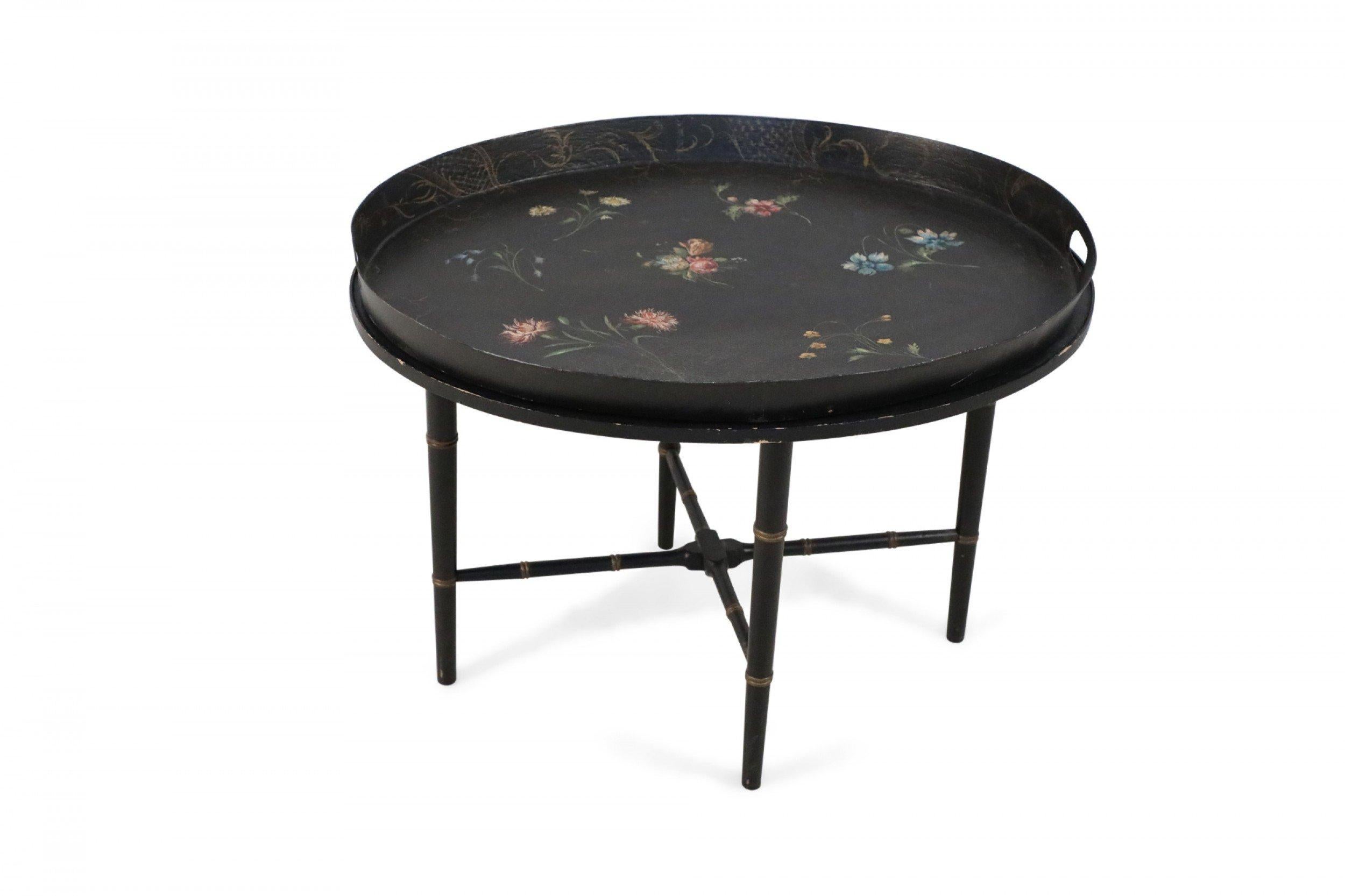 English Regency Style Black and Floral Tray Top Coffee Table For Sale 4
