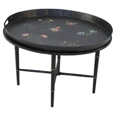 Vintage English Regency Style Black and Floral Tray Top Coffee Table