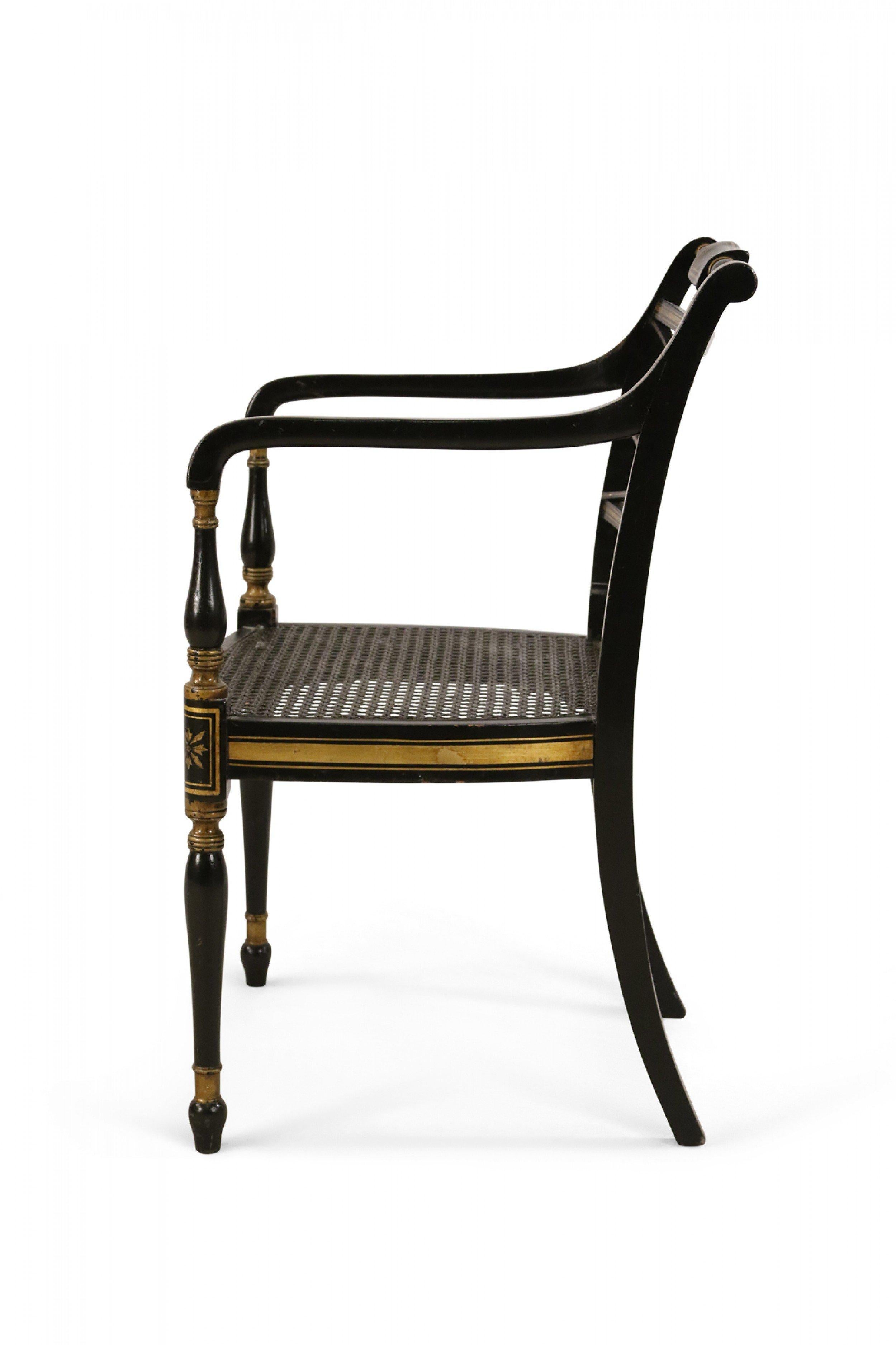 20th Century English Regency Style Black and Gold Painted Cane Seat Side Chair For Sale