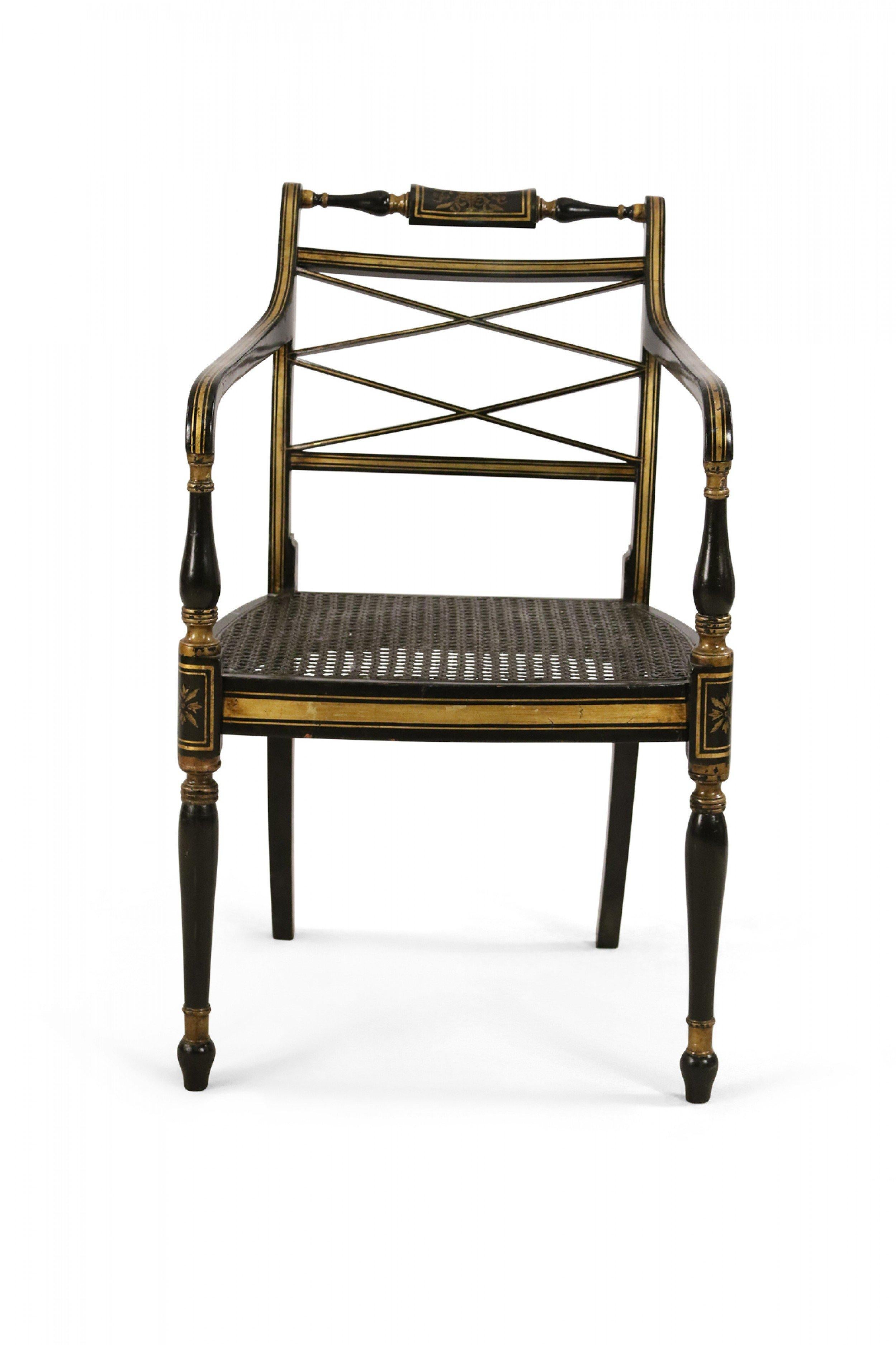 Wood English Regency Style Black and Gold Painted Cane Seat Side Chair For Sale