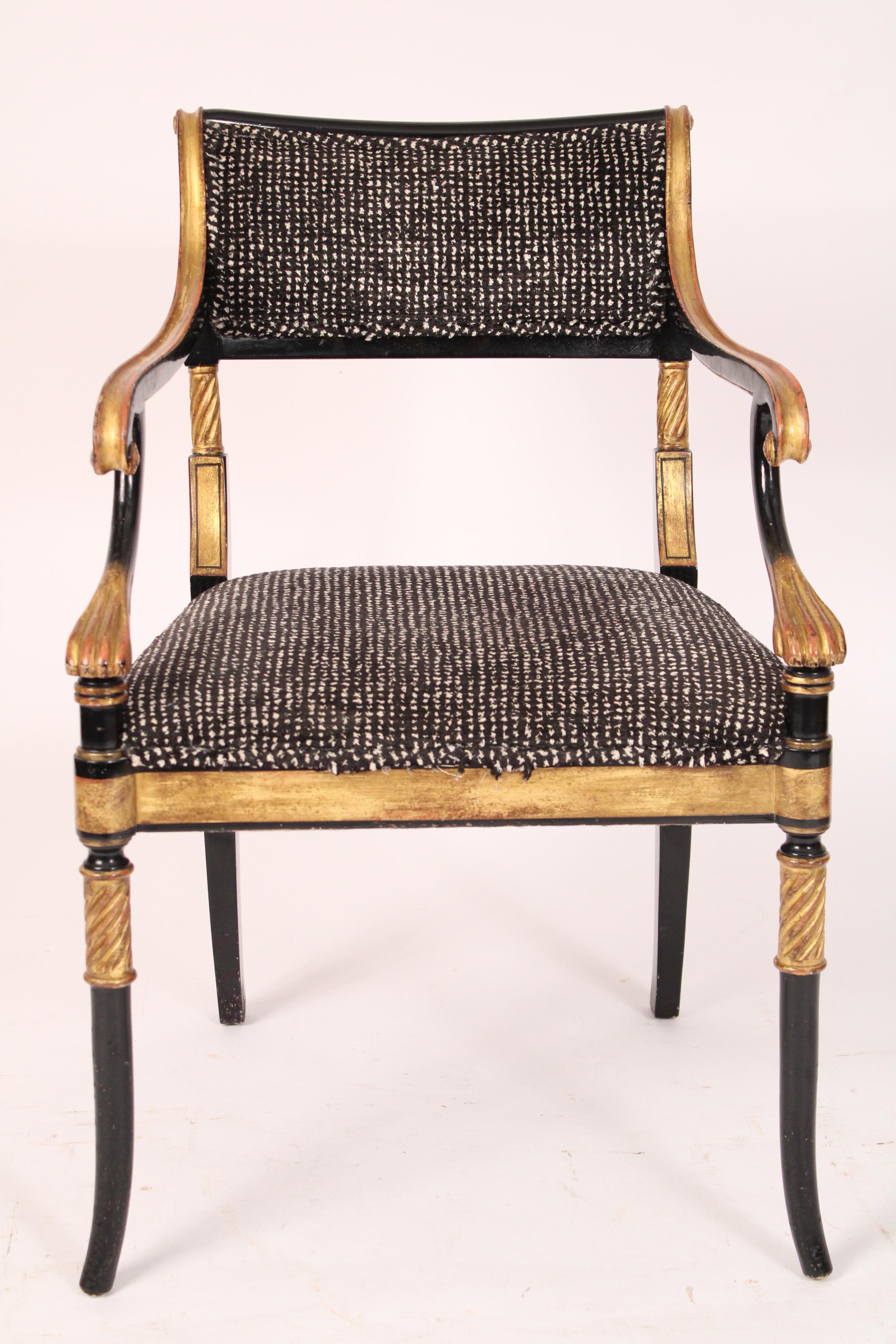 English Regency Style black lacquer and gilt decorated armchair, late 20th century. The seat dimensions are, seat width 18.5