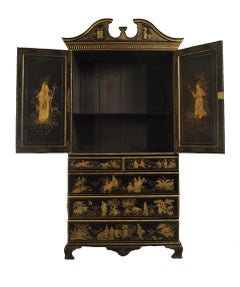 English Regency Style Black Lacquered and Gold Chinoiserie Decorated Cabinet