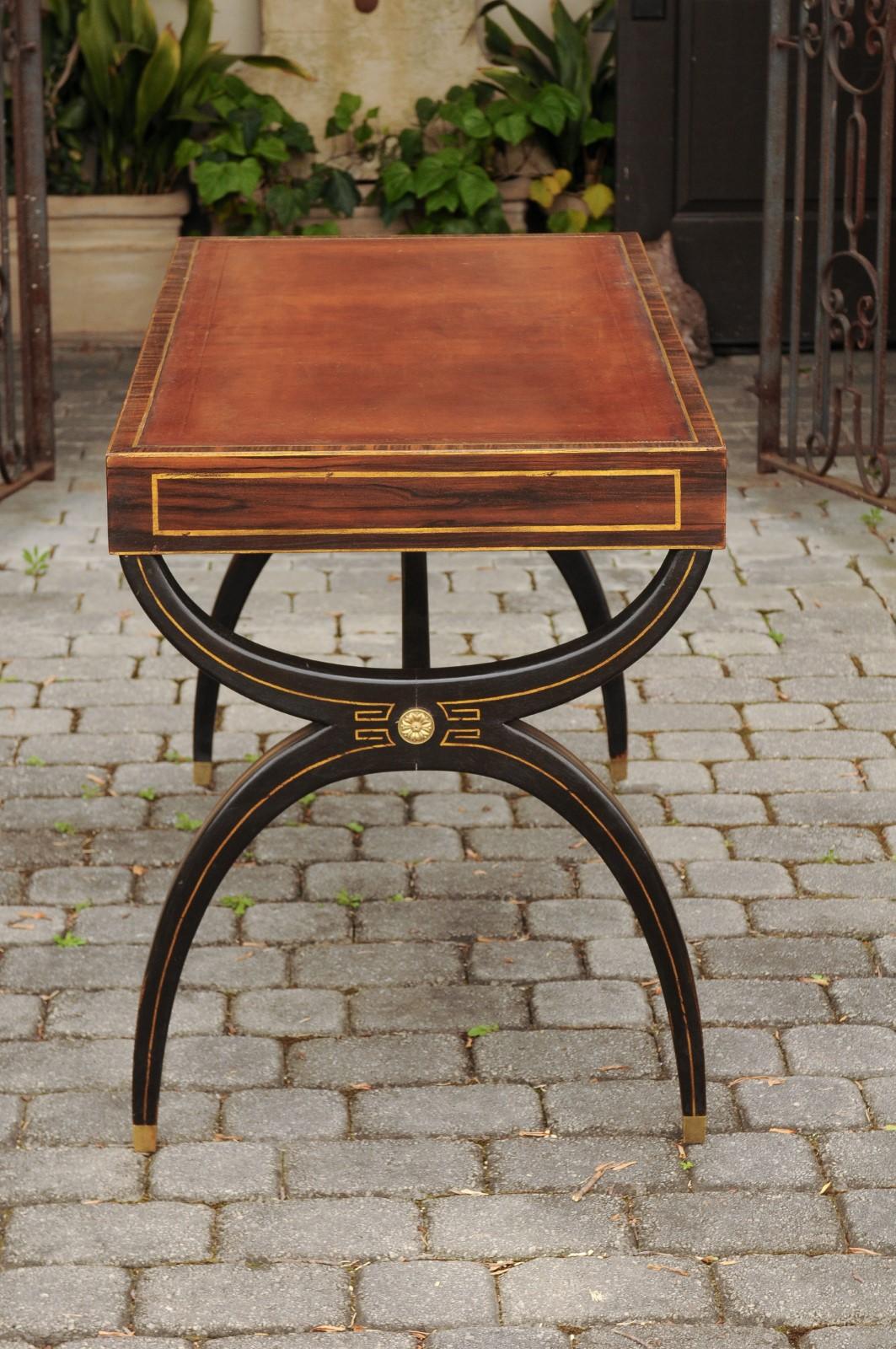 English Regency Style Black X-Form Base Desk with Leather Top and Gilt Accents 6