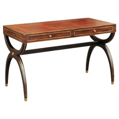 English Regency Style Black X-Form Base Desk with Leather Top and Gilt Accents
