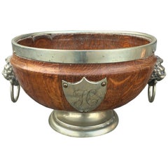English Regency Style Brass Bound Wooden Bowl with Lion Pulls & Shield