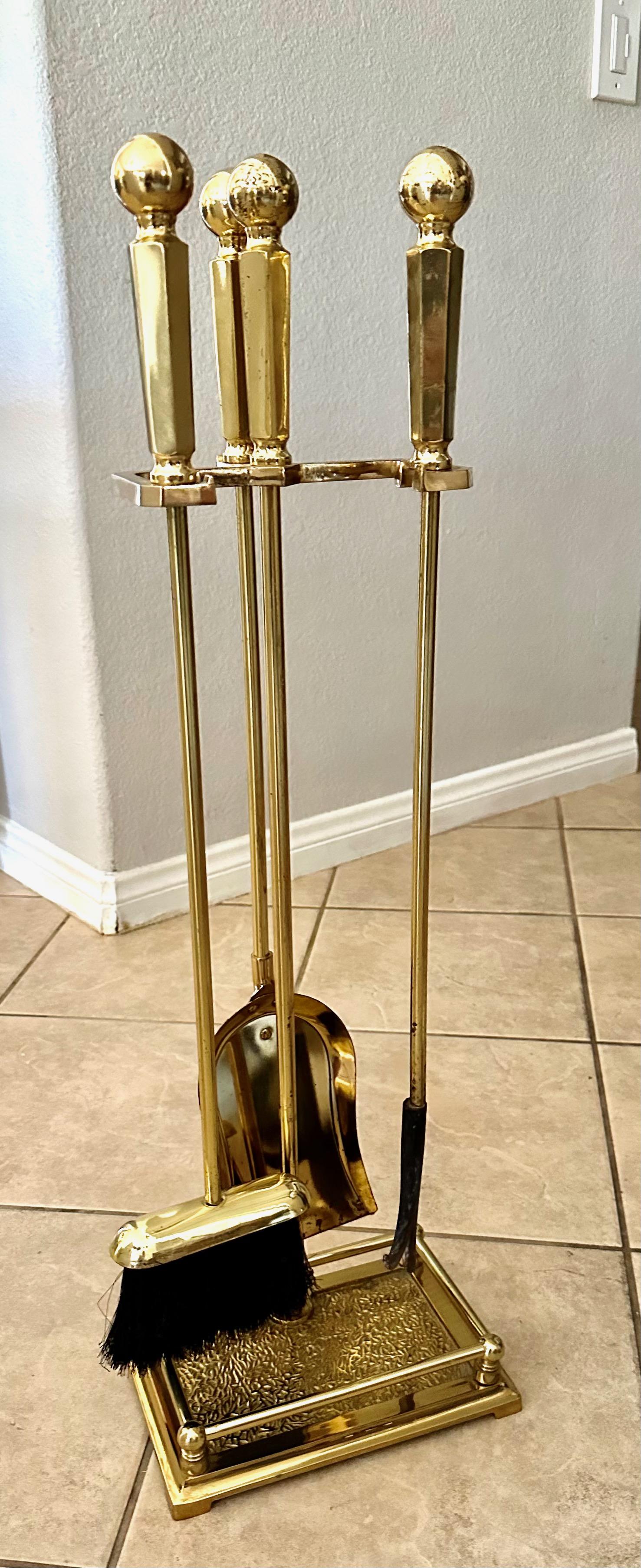 antique brass fireplace tool set