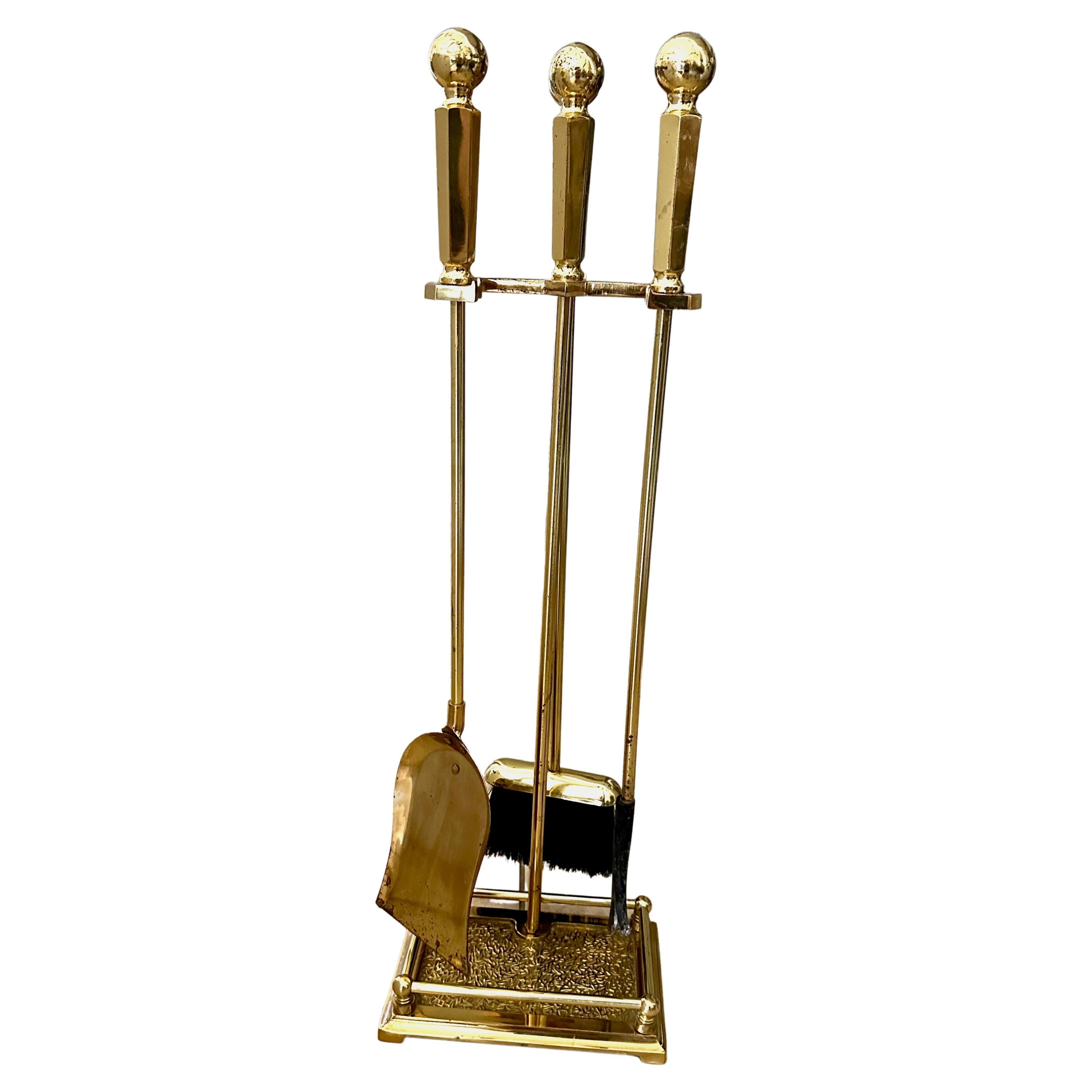 English Regency Style Brass Fireplace Tool Set For Sale