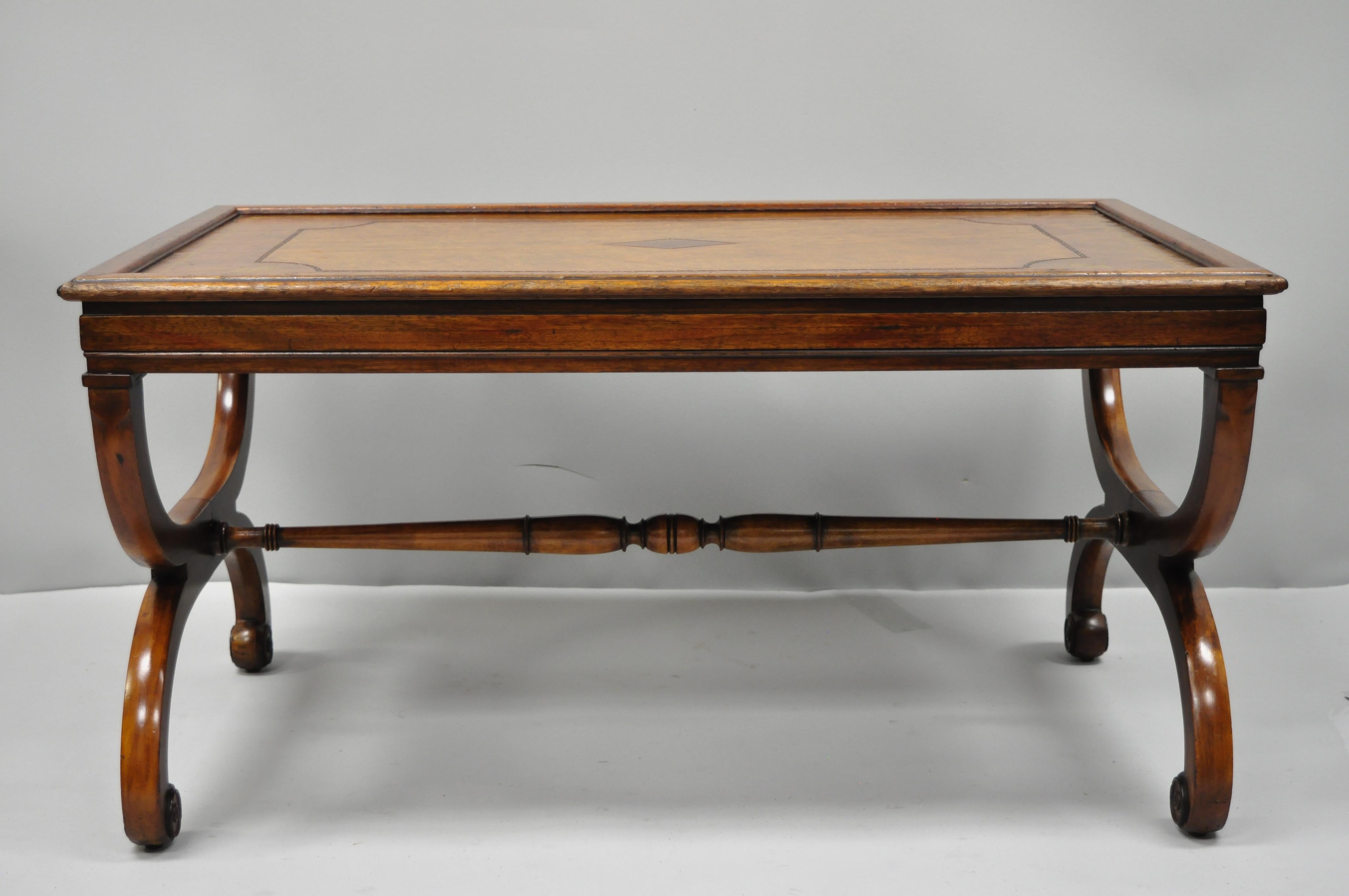 English Regency Style Brown Tooled Leather Top Curule Base Mahogany Coffee Table In Good Condition In Philadelphia, PA
