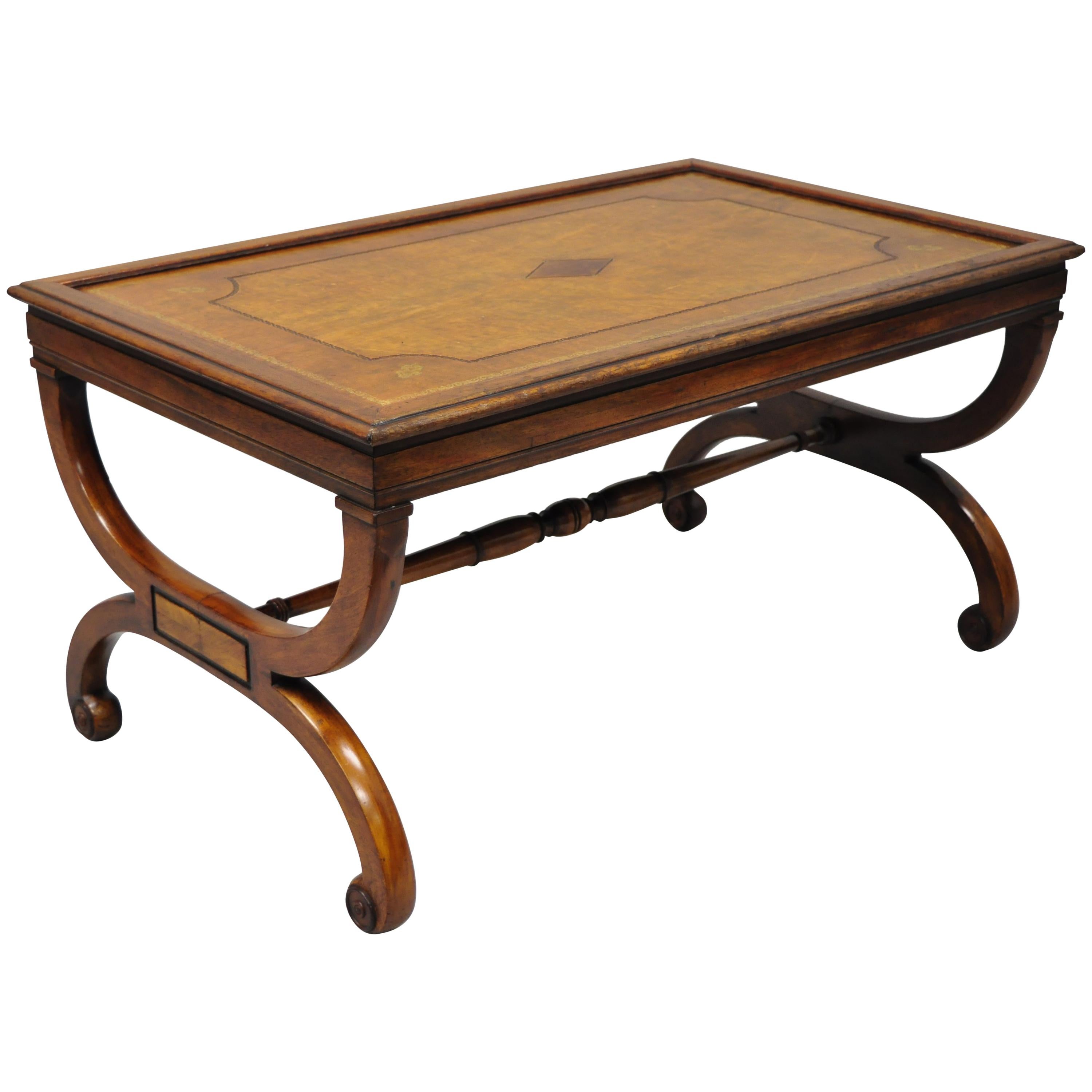 English Regency Style Brown Tooled Leather Top Curule Base Mahogany Coffee Table