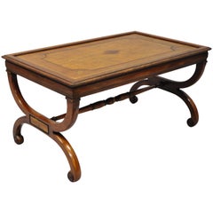 Antique English Regency Style Brown Tooled Leather Top Curule Base Mahogany Coffee Table