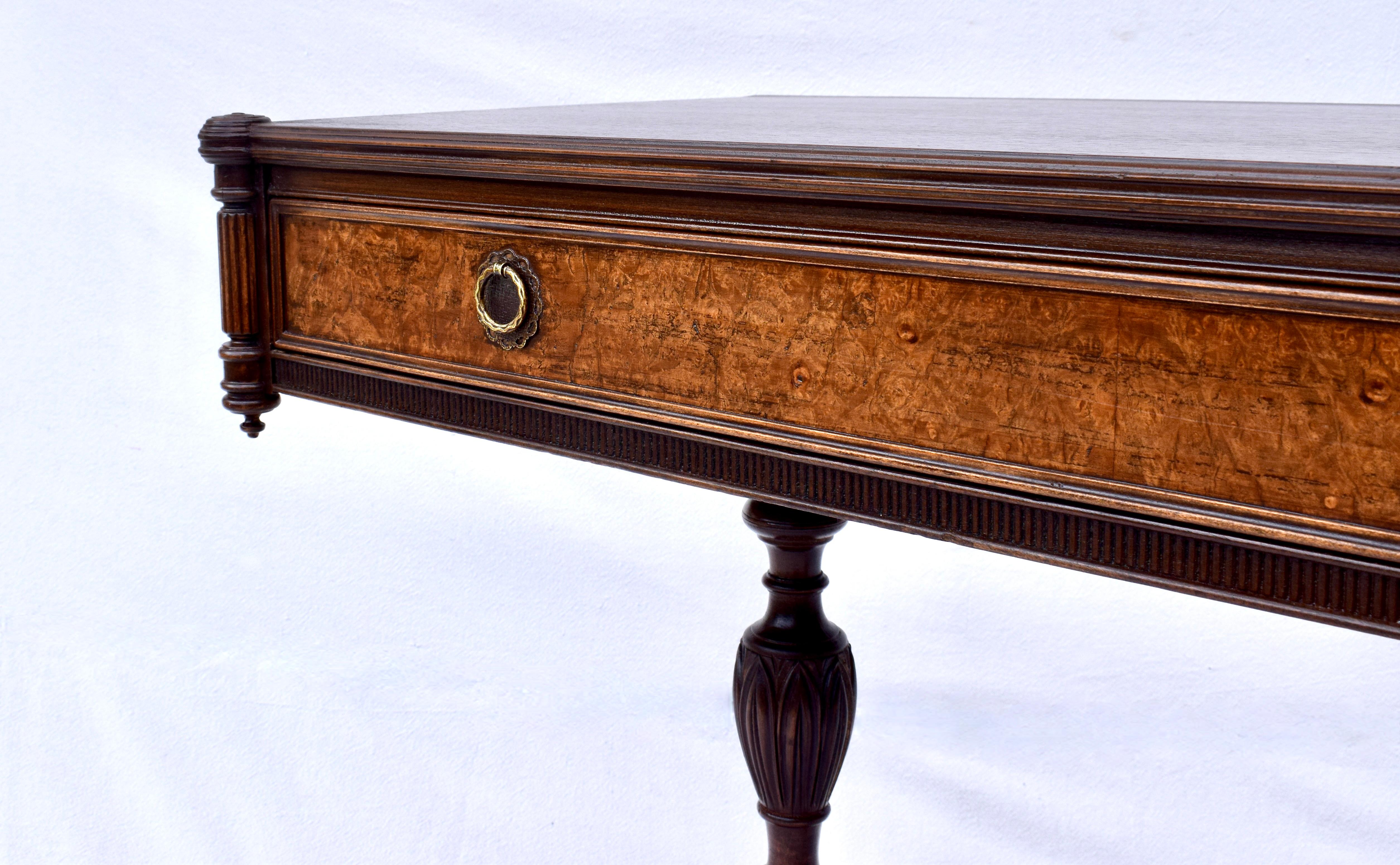 Brass English Regency Style Burl- Wood Library Console Table For Sale