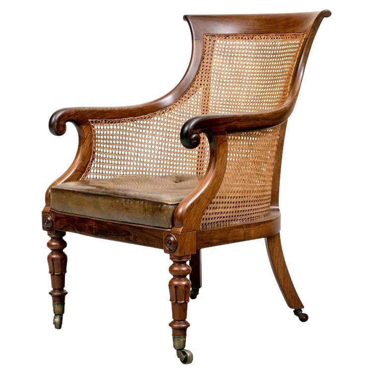 English Regency Style Caned Bergere With Leather Seat
