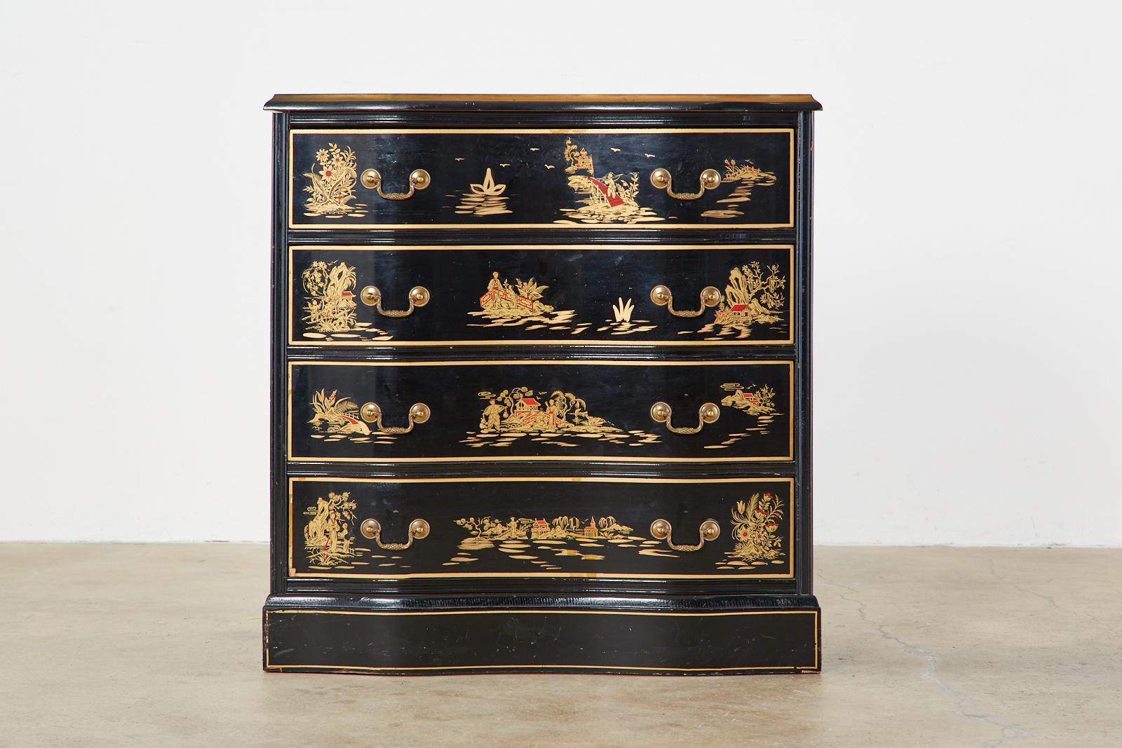 Distinctive English Regency style commode or chest of drawers featuring a Japanned case decorated with chinoiserie style painted scenes. The dresser has a serpentine shape front with four large storage drawers. The top has a leather writing surface