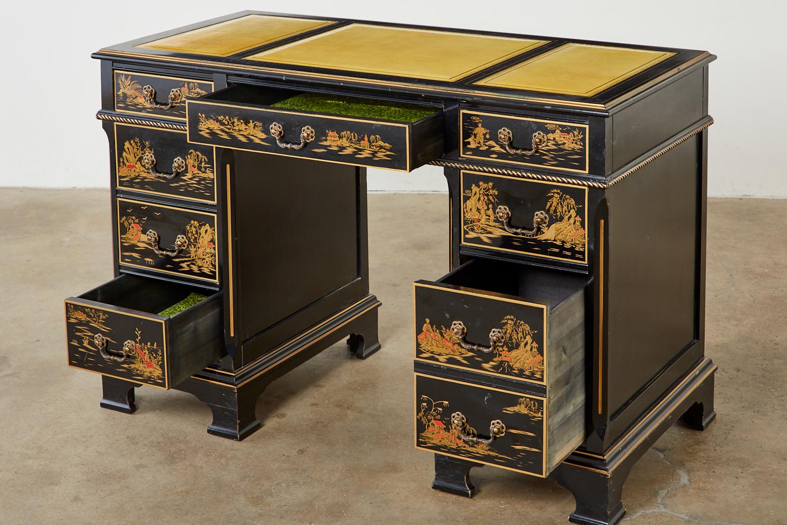 American English Regency Style Chinoiserie Decorated Knee Hole Desk
