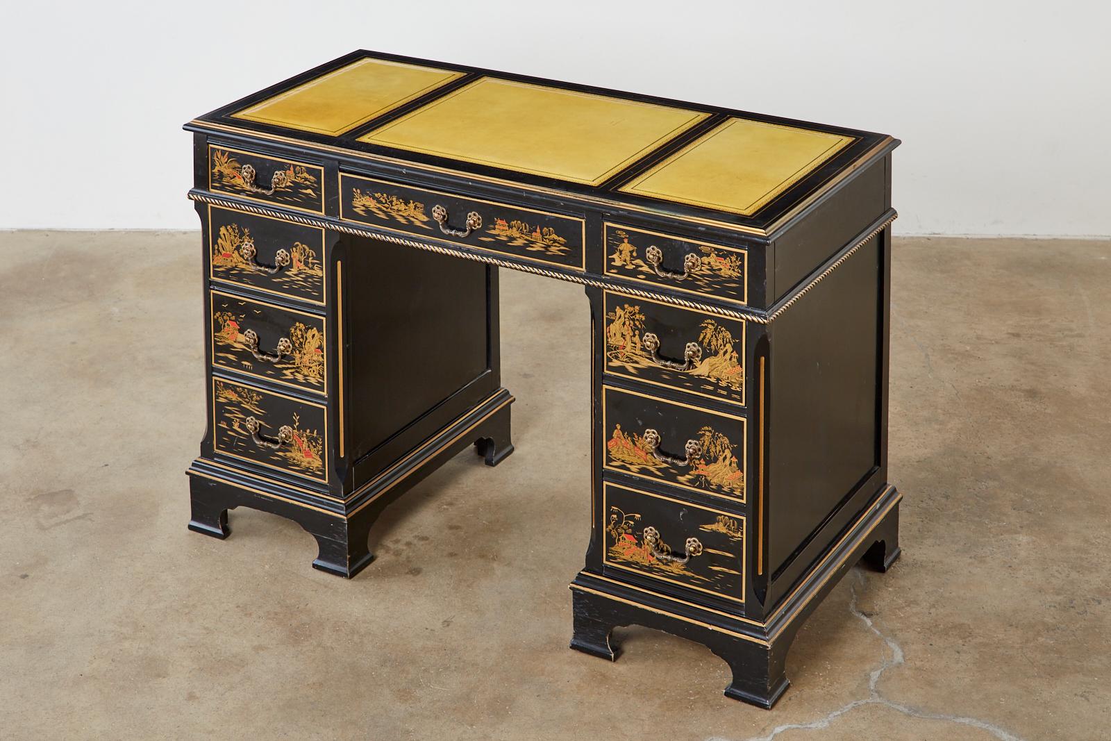 Lacquered English Regency Style Chinoiserie Decorated Knee Hole Desk
