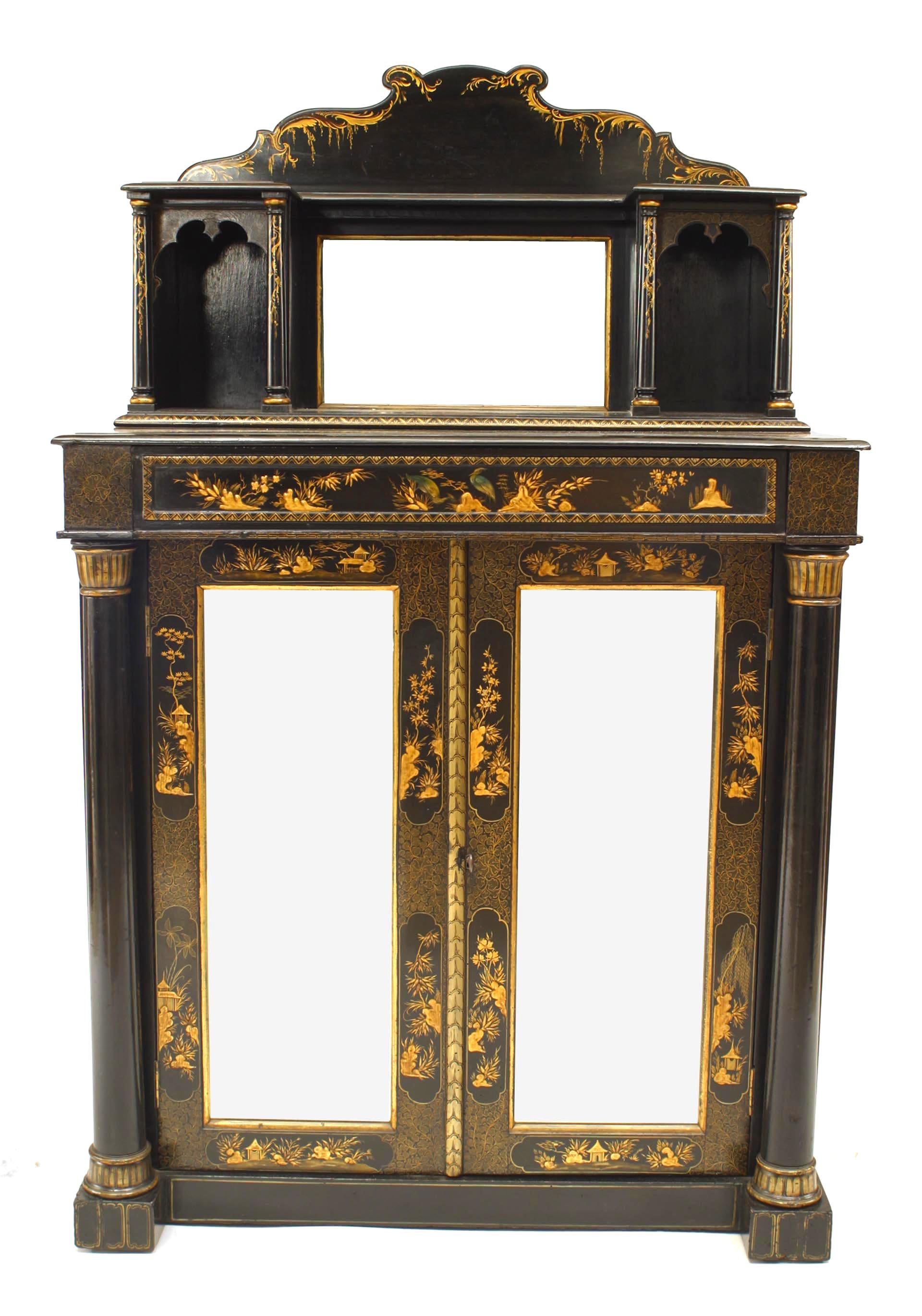 English Regency-style (19/20th Century) black lacquered Chinoiserie design small sideboard cabinet with upper section and mirror doors. (Related item: 039145A)
