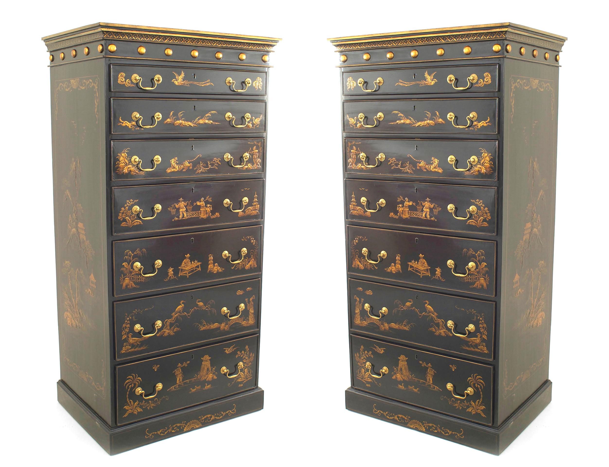 Two English Regency style black lacquered chests of seven drawers (semainier)
with chinoiserie decoration. 

PRICED EACH.