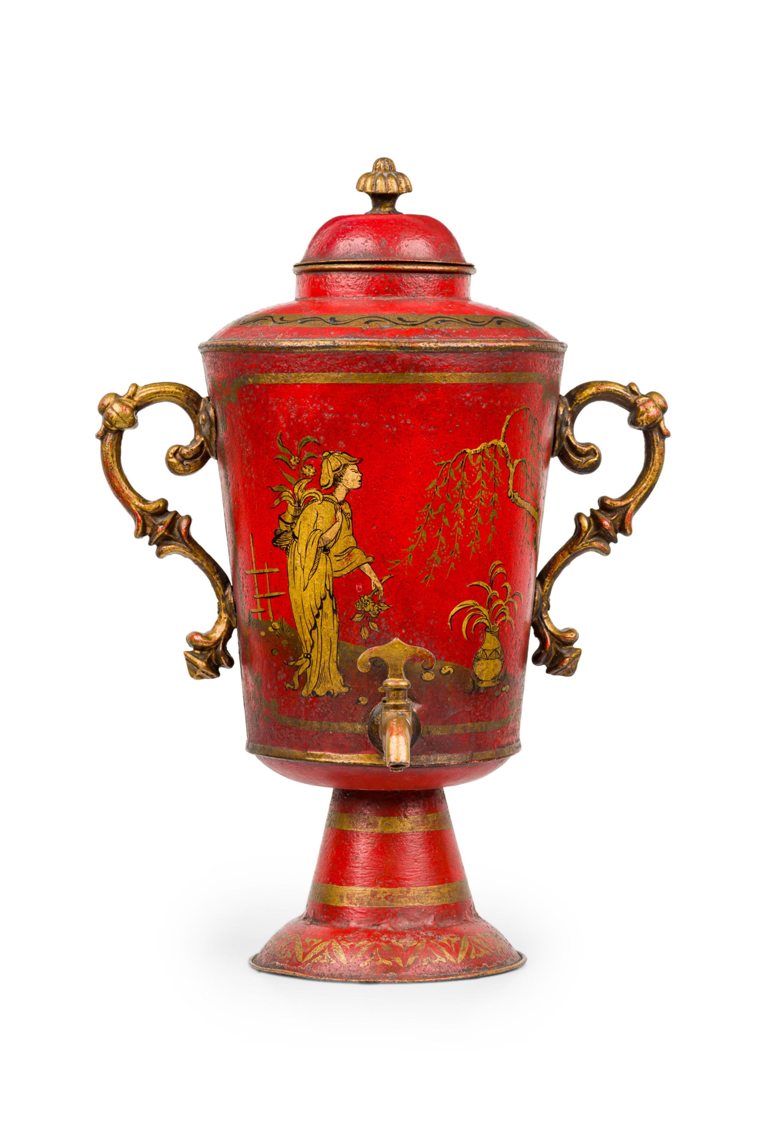 Samovar inglés de estilo Regencia (s. XX) lacado en rojo decorado al estilo chinoiserie con asas doradas